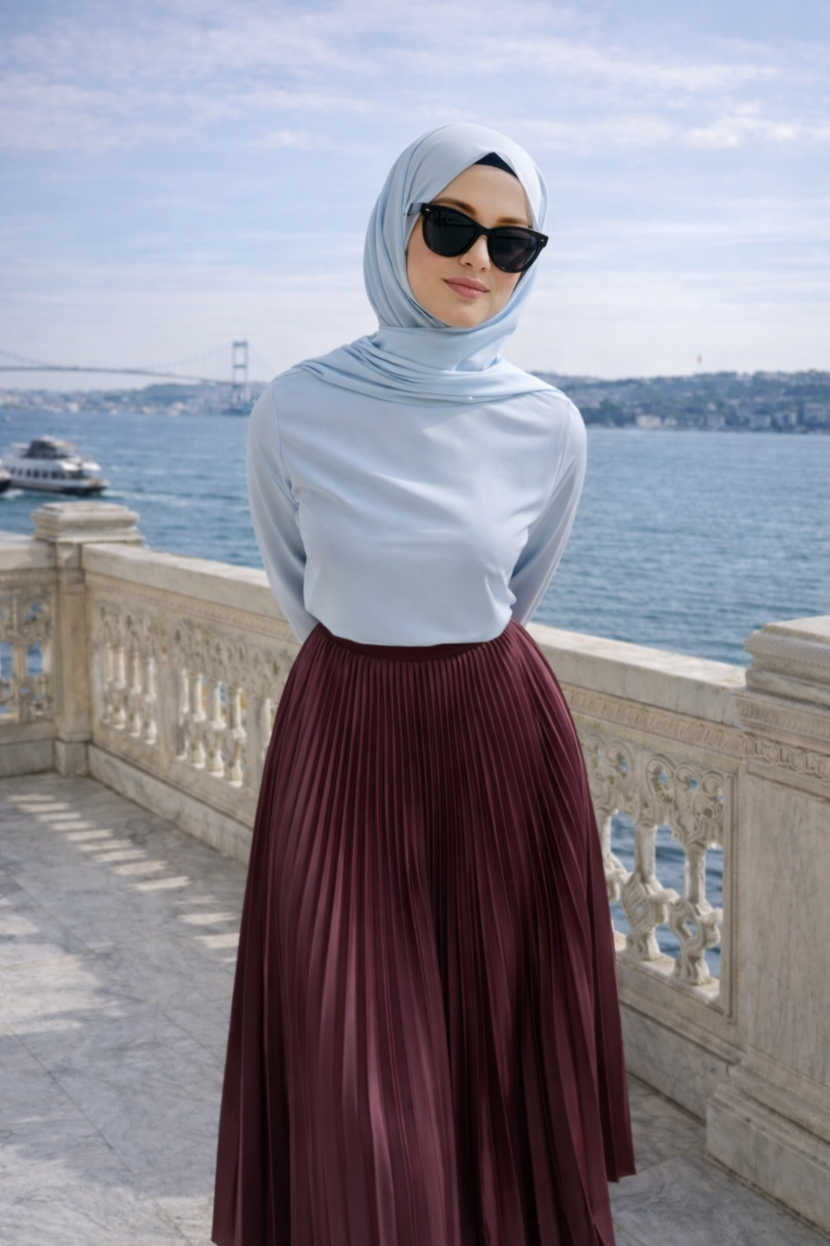 Kadın Premium Pileli Bordo Uzun Tesettür Etek