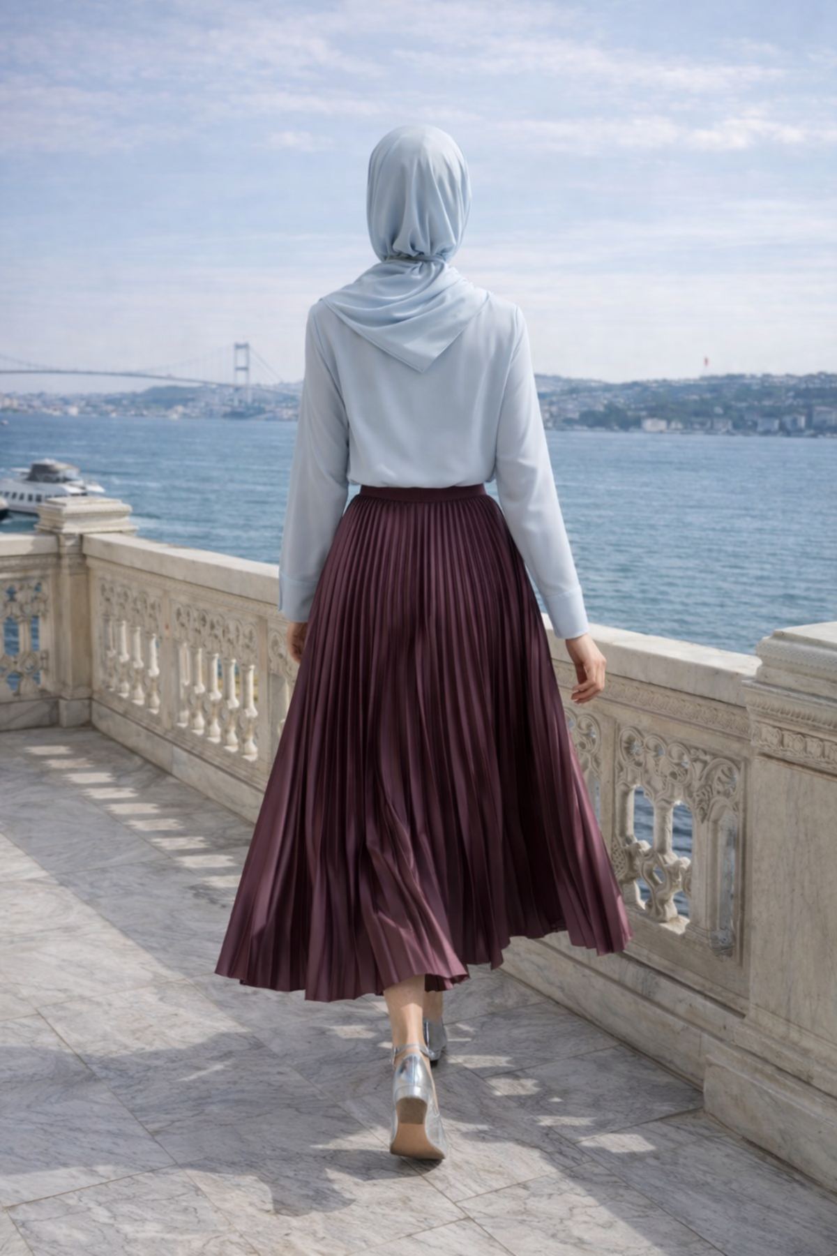 Kadın Premium Pileli Bordo Uzun Tesettür Etek