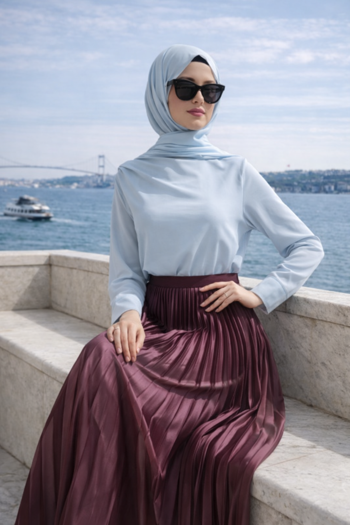 Kadın Premium Pileli Bordo Uzun Tesettür Etek