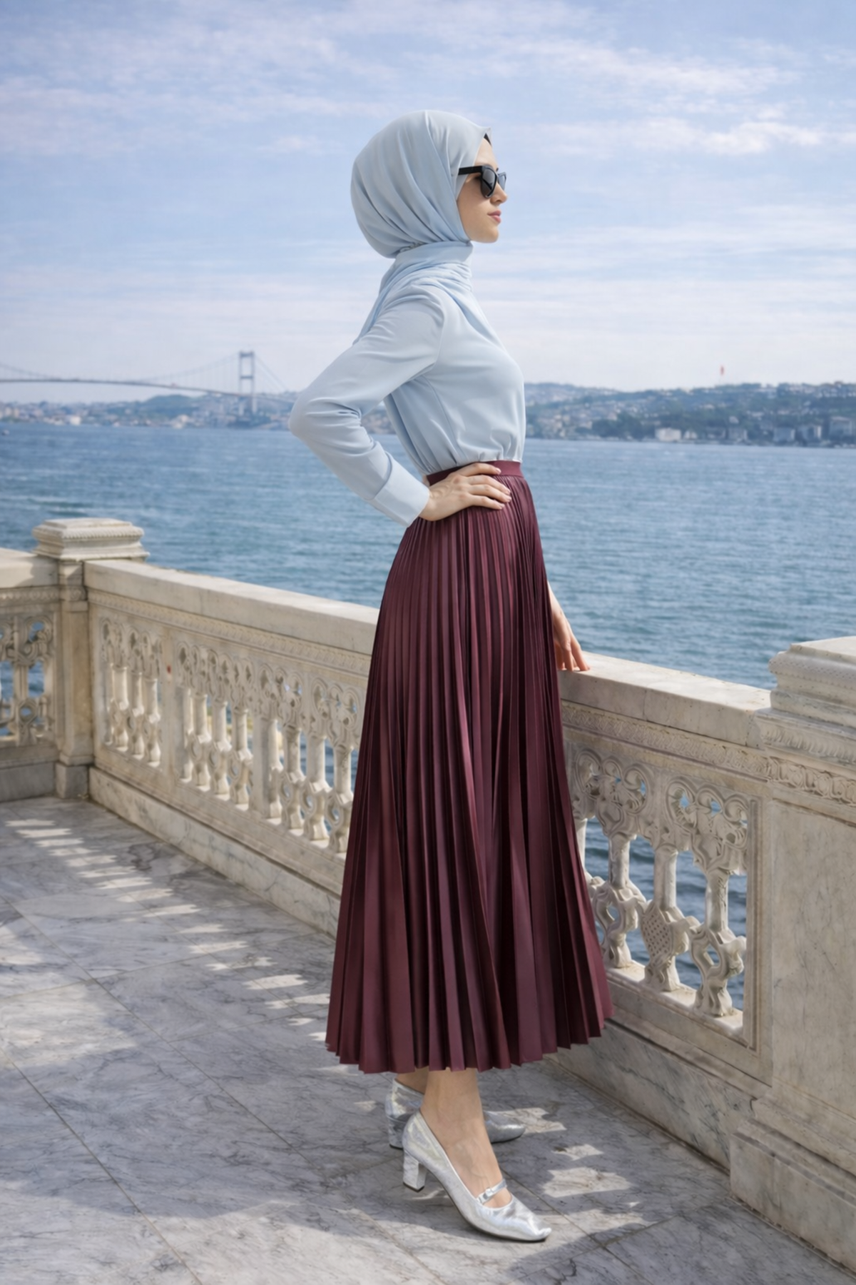 Kadın Premium Pileli Bordo Uzun Tesettür Etek