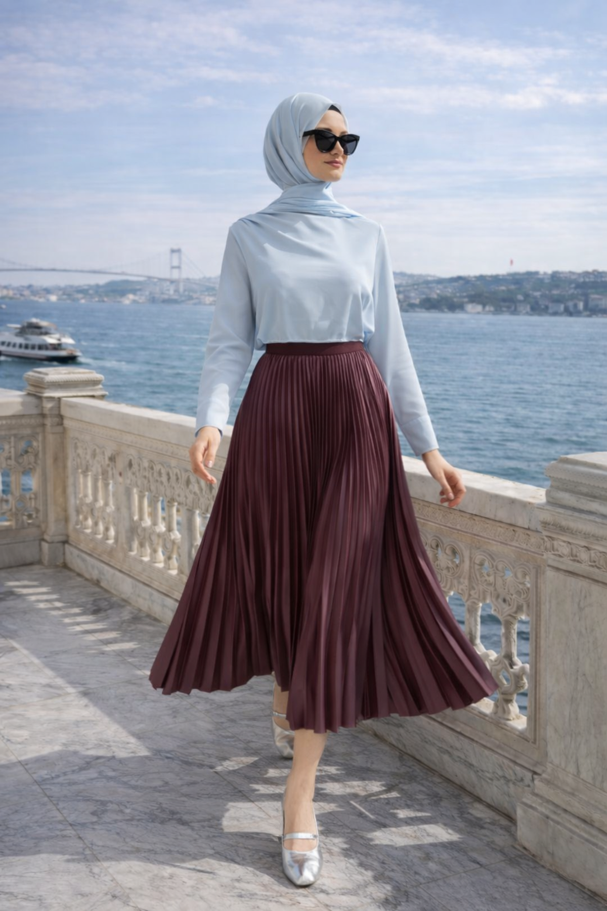 Kadın Premium Pileli Bordo Uzun Tesettür Etek