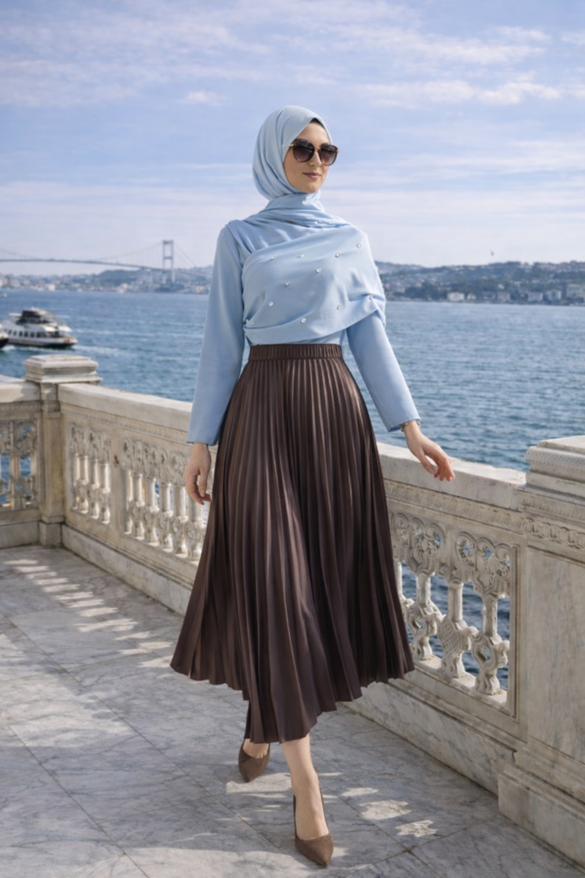 Kadın Premium Pileli K.Kahve Uzun Tesettür Etek