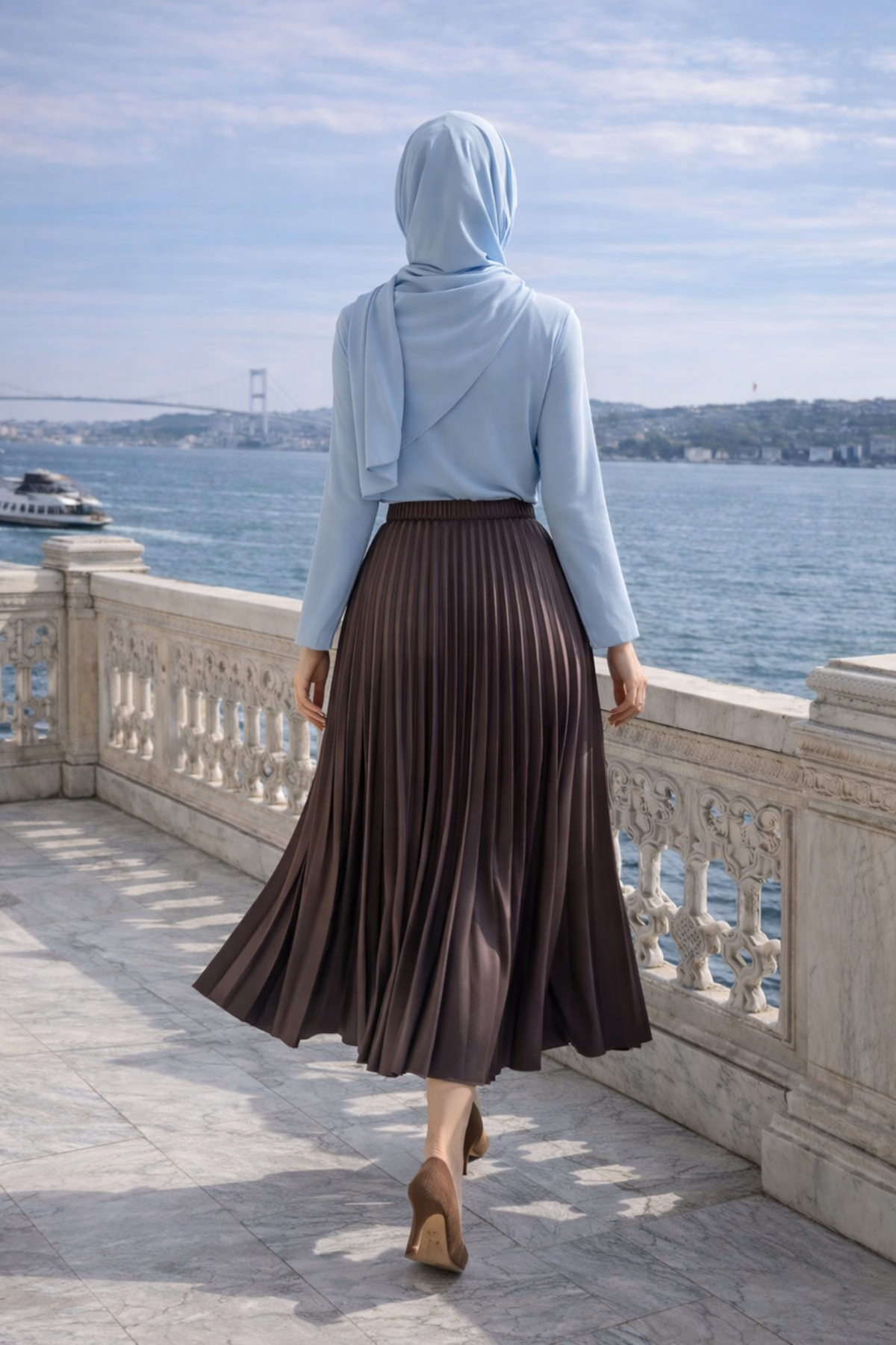 Kadın Premium Pileli K.Kahve Uzun Tesettür Etek