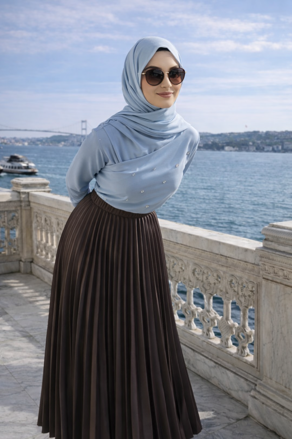 Kadın Premium Pileli K.Kahve Uzun Tesettür Etek