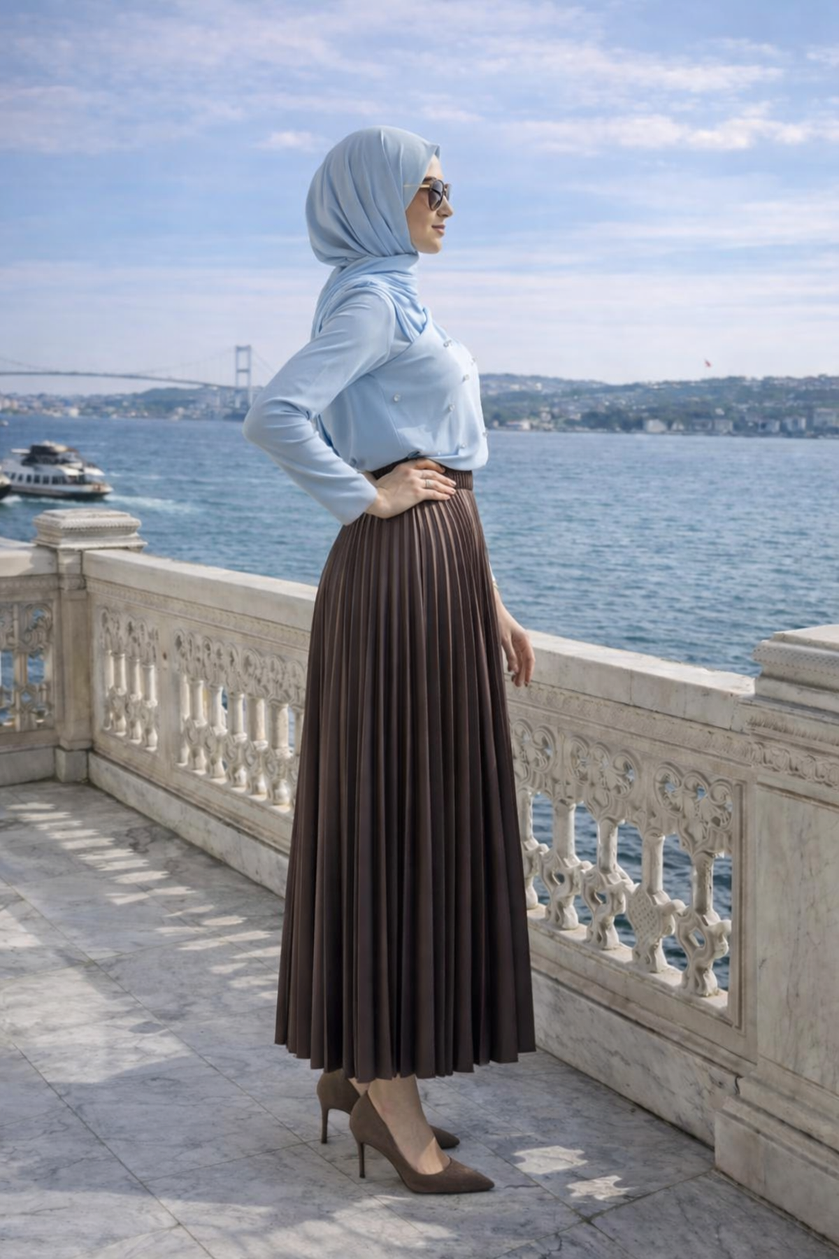 Kadın Premium Pileli K.Kahve Uzun Tesettür Etek