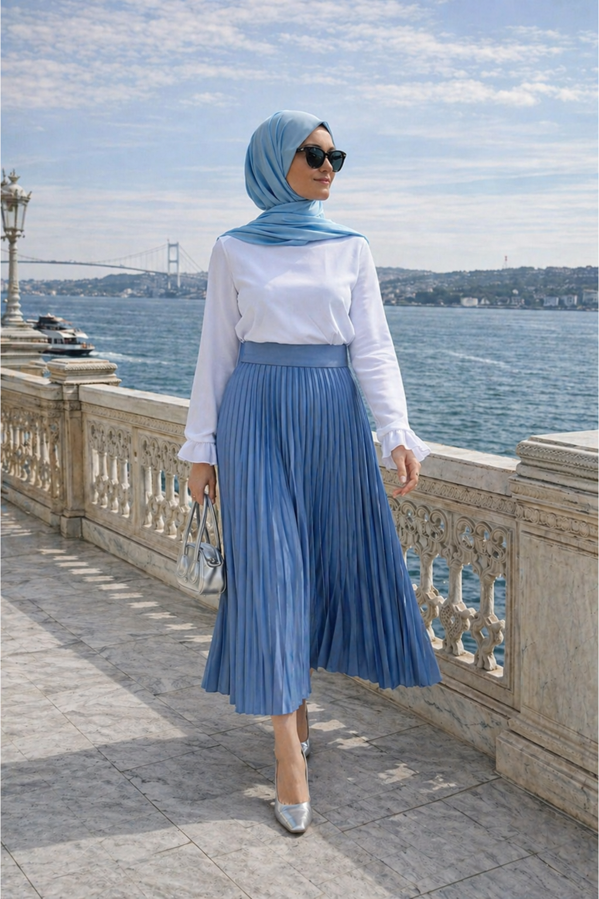 Kadın Premium Pileli İndigo Uzun Tesettür Etek