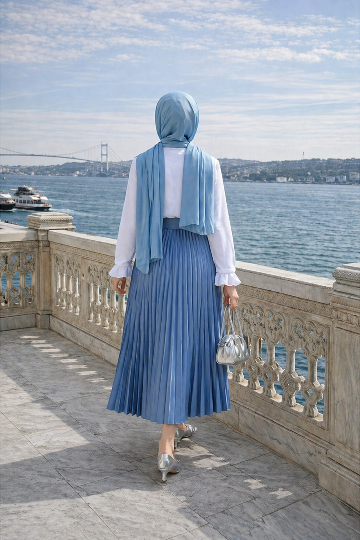 Kadın Premium Pileli İndigo Uzun Tesettür Etek