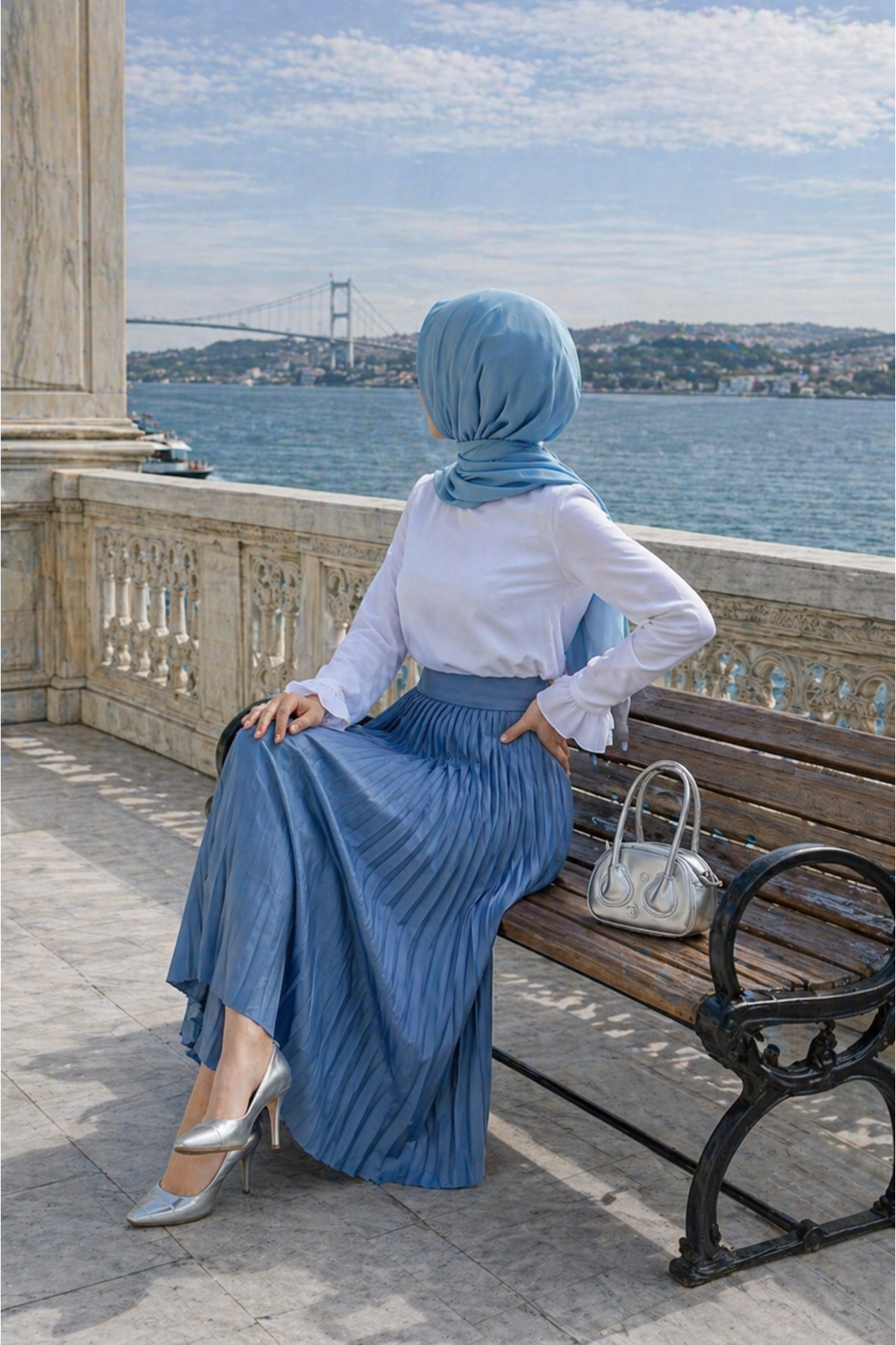 Kadın Premium Pileli İndigo Uzun Tesettür Etek