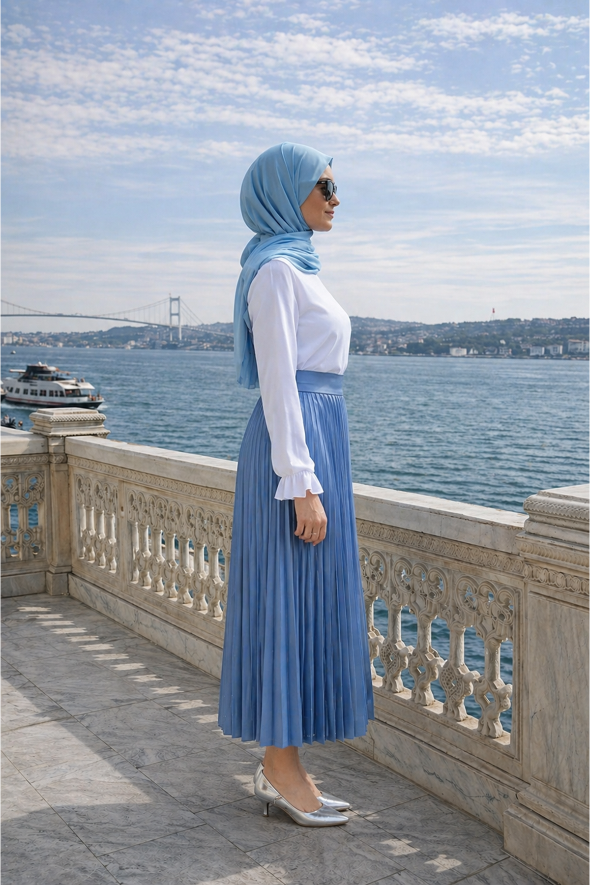 Kadın Premium Pileli İndigo Uzun Tesettür Etek