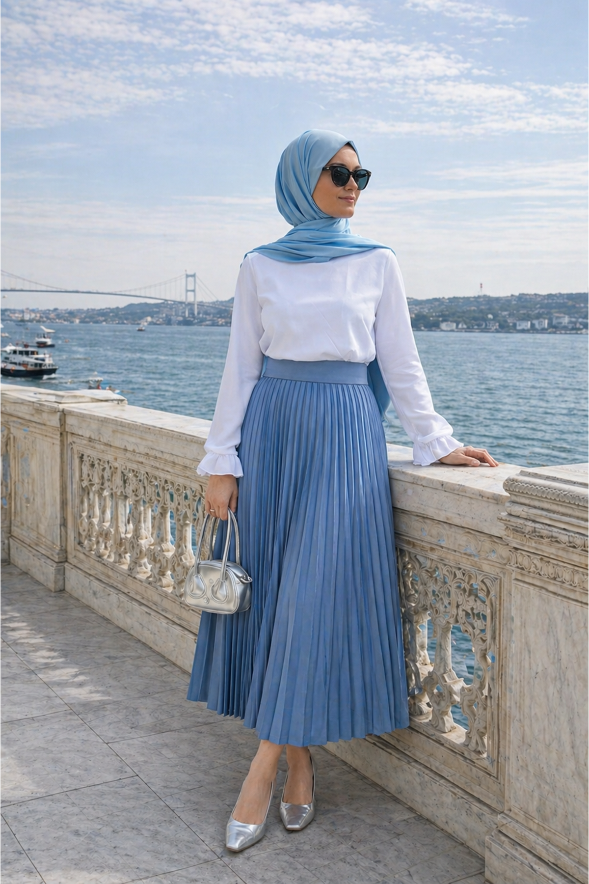 Kadın Premium Pileli İndigo Uzun Tesettür Etek