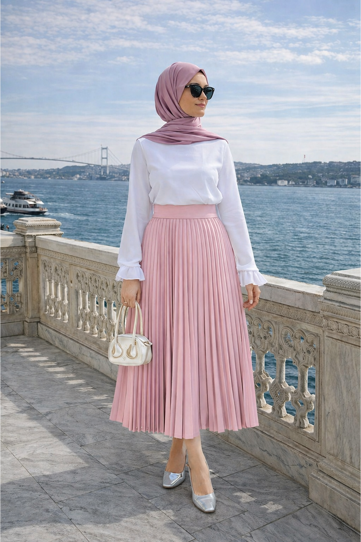 Kadın Premium Pileli T.Pembe Uzun Tesettür Etek