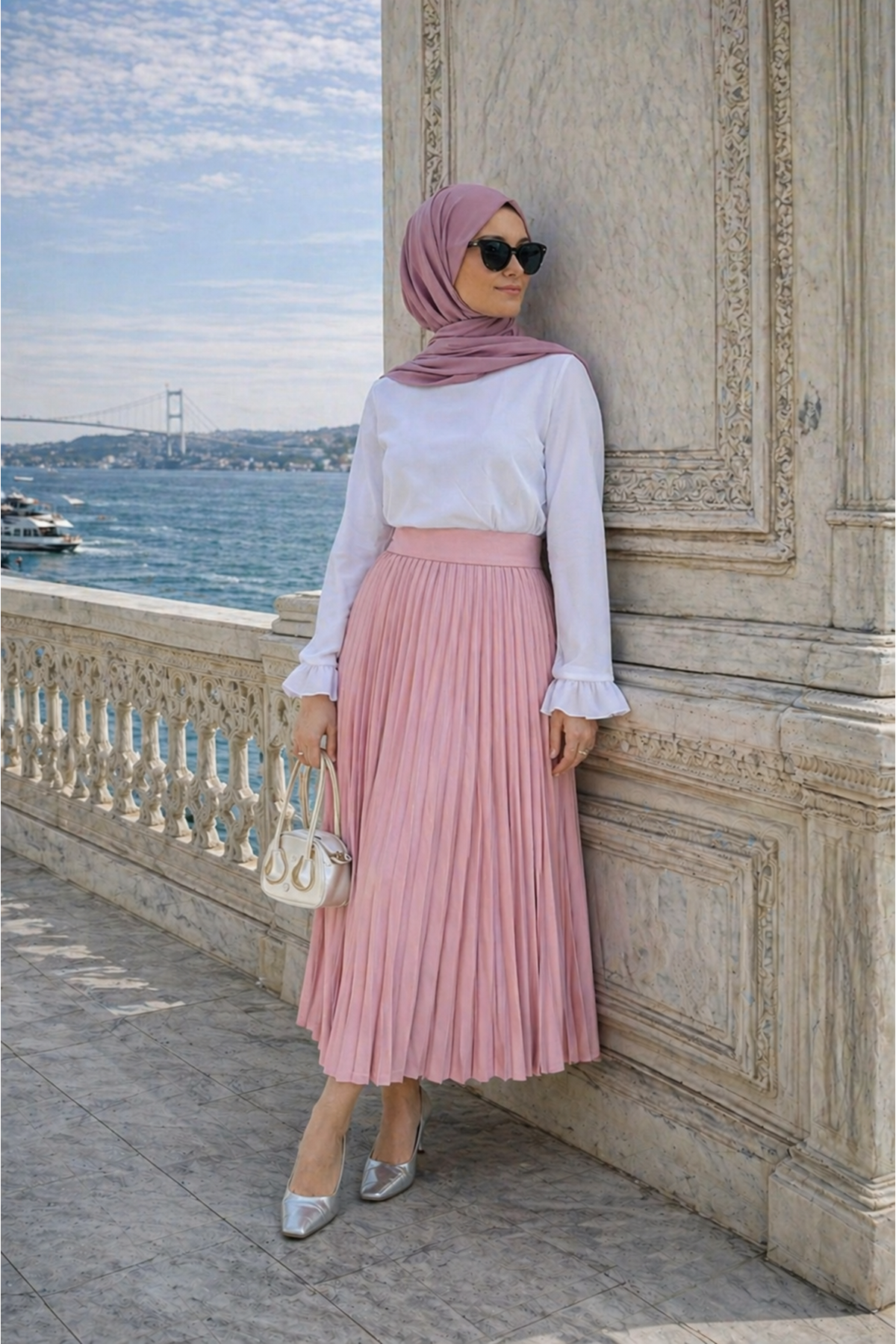 Kadın Premium Pileli T.Pembe Uzun Tesettür Etek