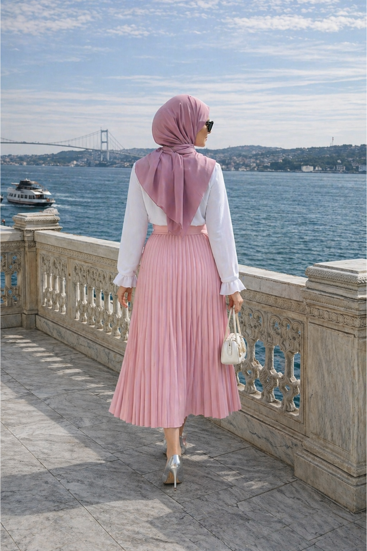 Kadın Premium Pileli T.Pembe Uzun Tesettür Etek