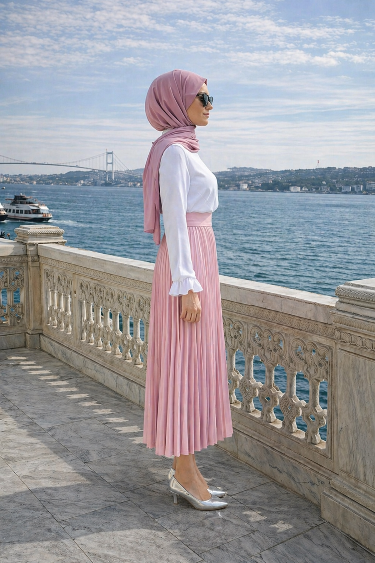 Kadın Premium Pileli T.Pembe Uzun Tesettür Etek