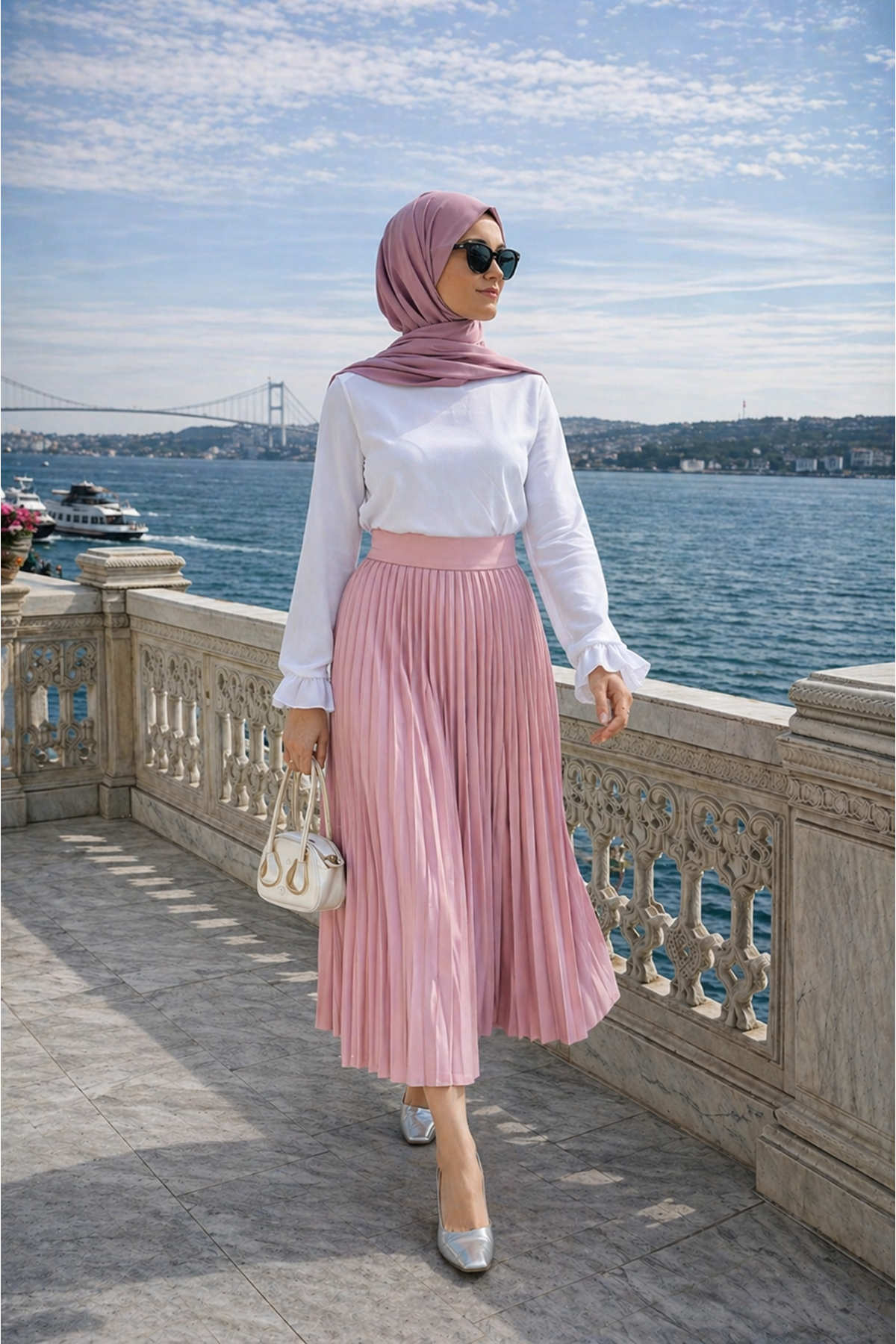 Kadın Premium Pileli T.Pembe Uzun Tesettür Etek