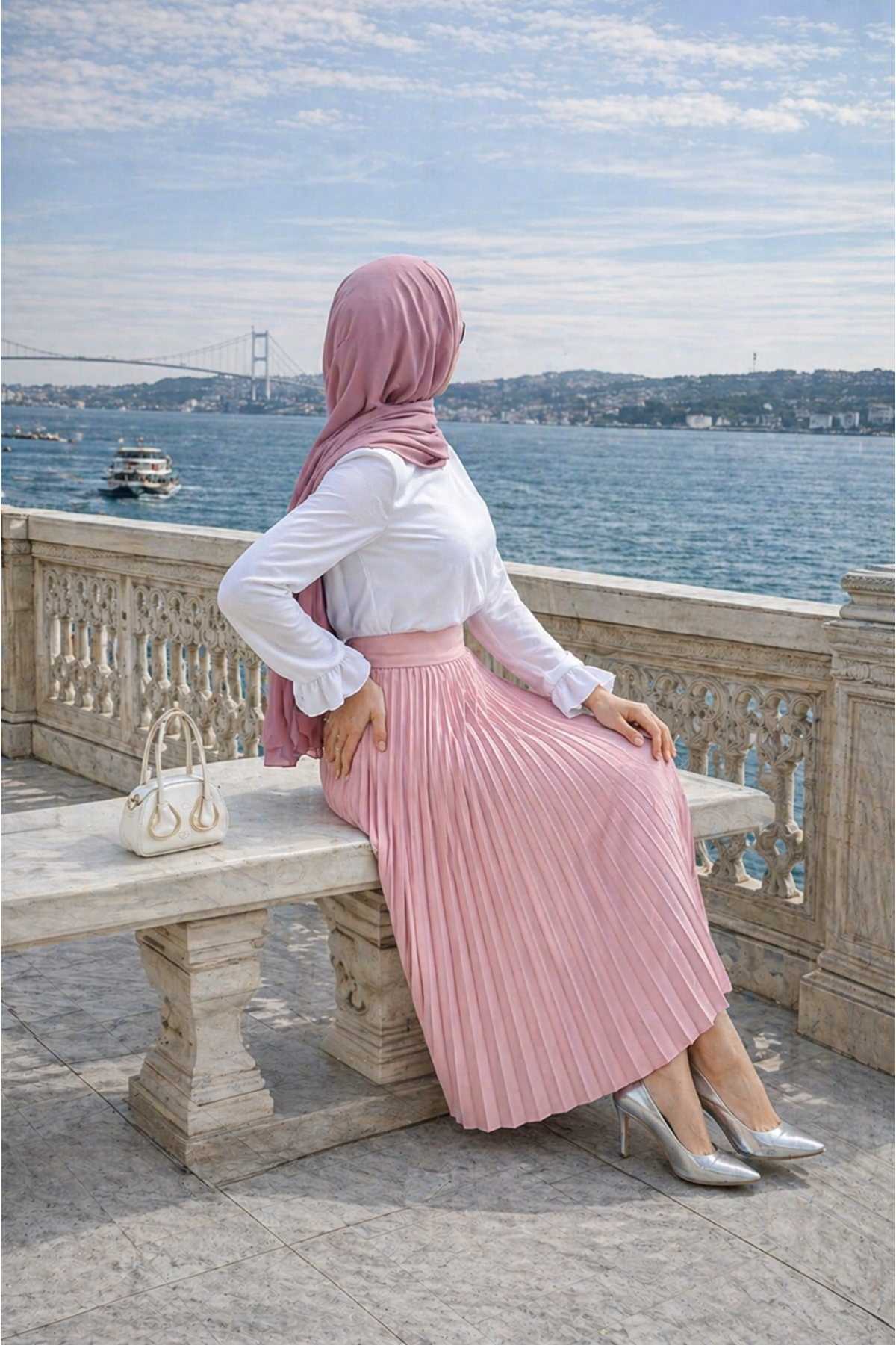 Kadın Premium Pileli T.Pembe Uzun Tesettür Etek