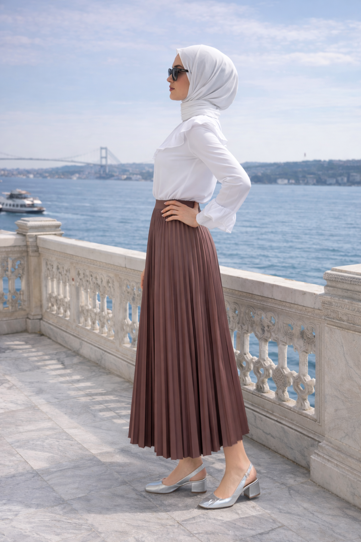 Kadın Premium Pileli Kahve Uzun Tesettür Etek