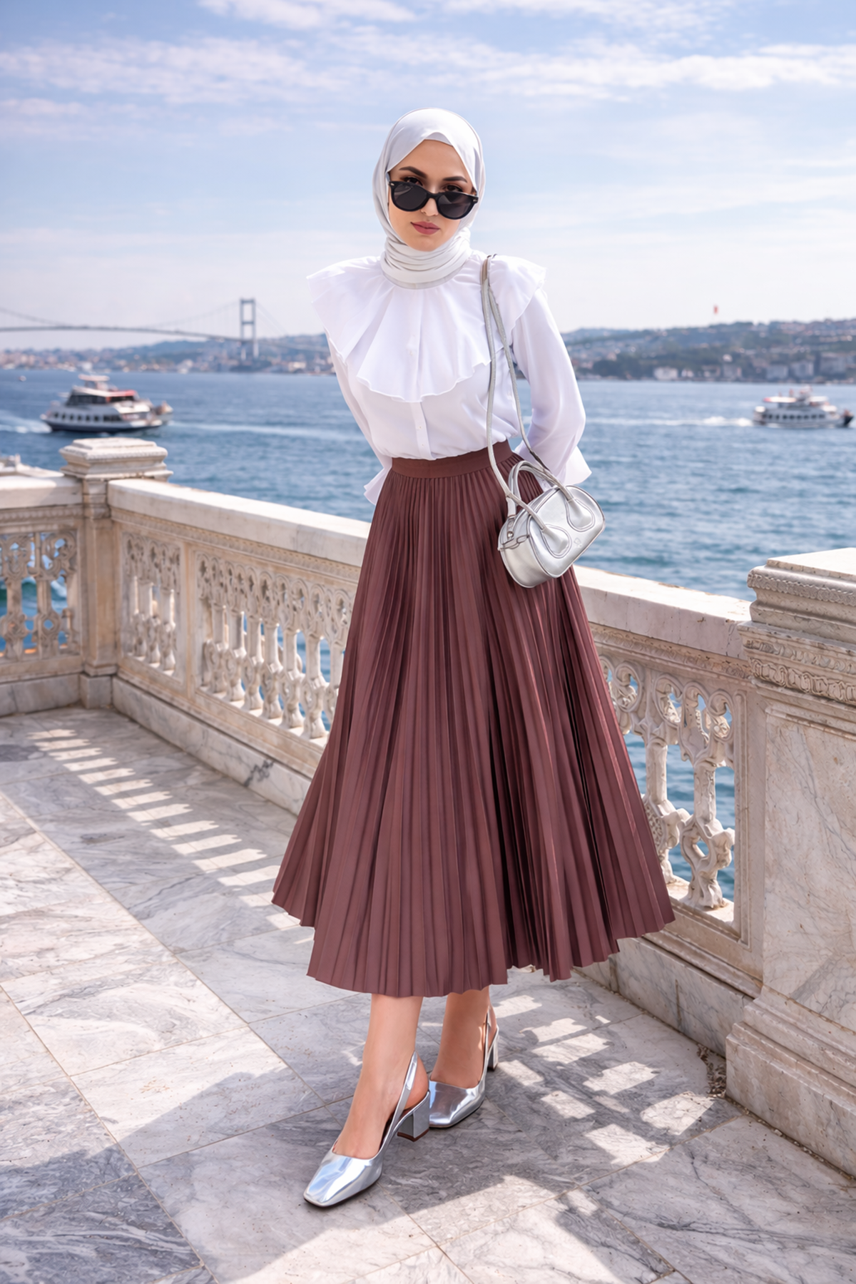 Kadın Premium Pileli Kahve Uzun Tesettür Etek