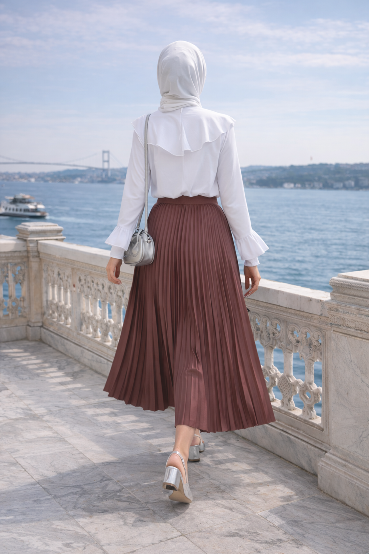 Kadın Premium Pileli Kahve Uzun Tesettür Etek