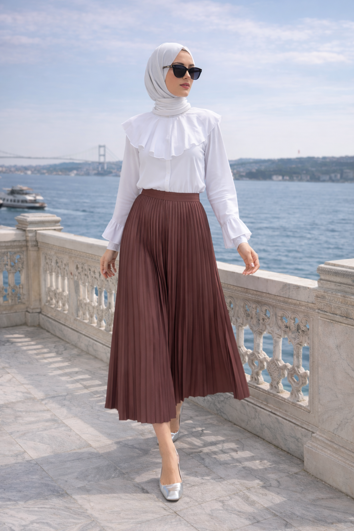 Kadın Premium Pileli Kahve Uzun Tesettür Etek