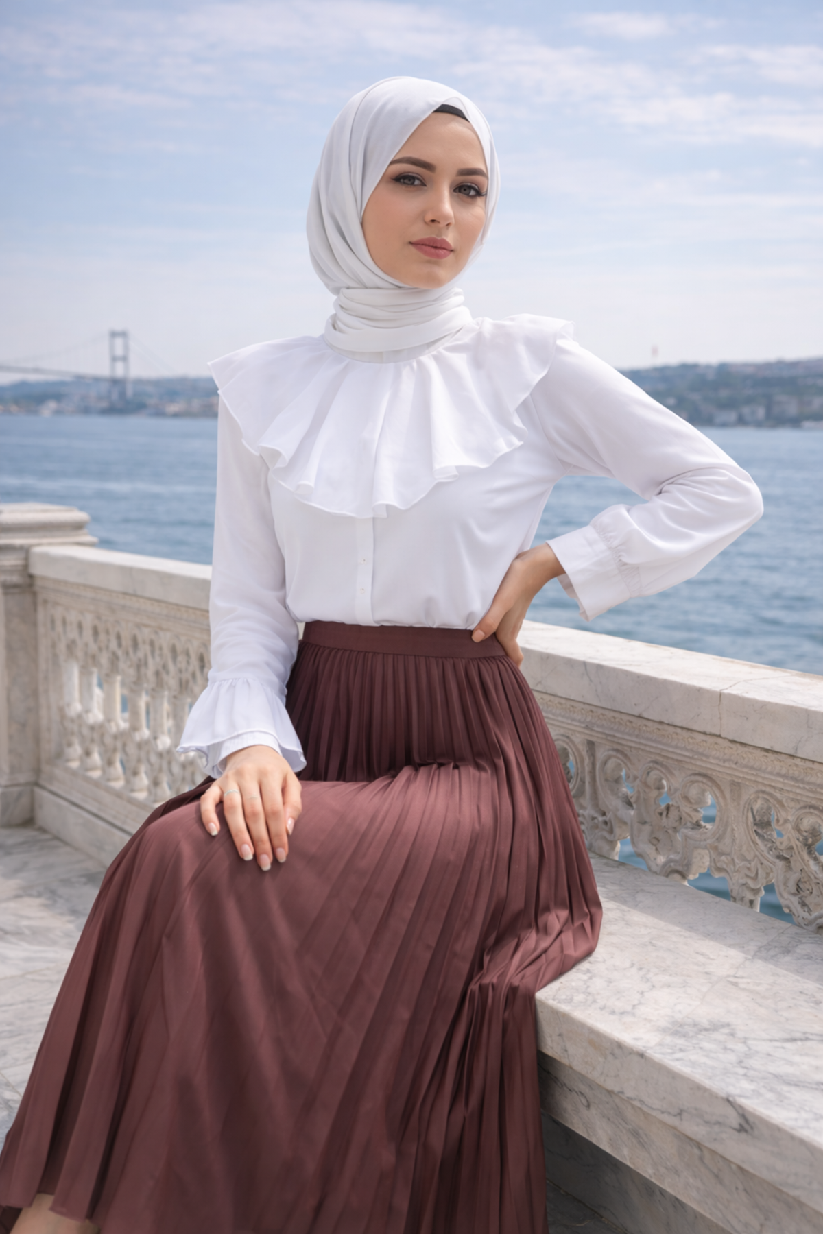 Kadın Premium Pileli Kahve Uzun Tesettür Etek