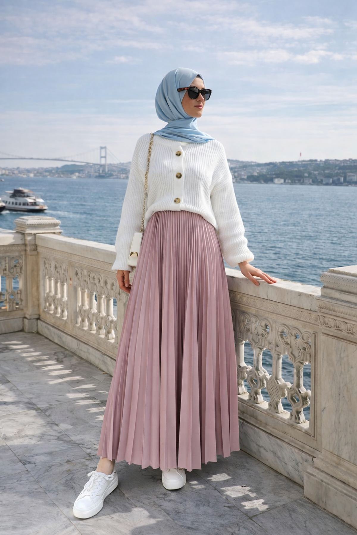 Kadın Premium Pileli Pembe Uzun Tesettür Etek