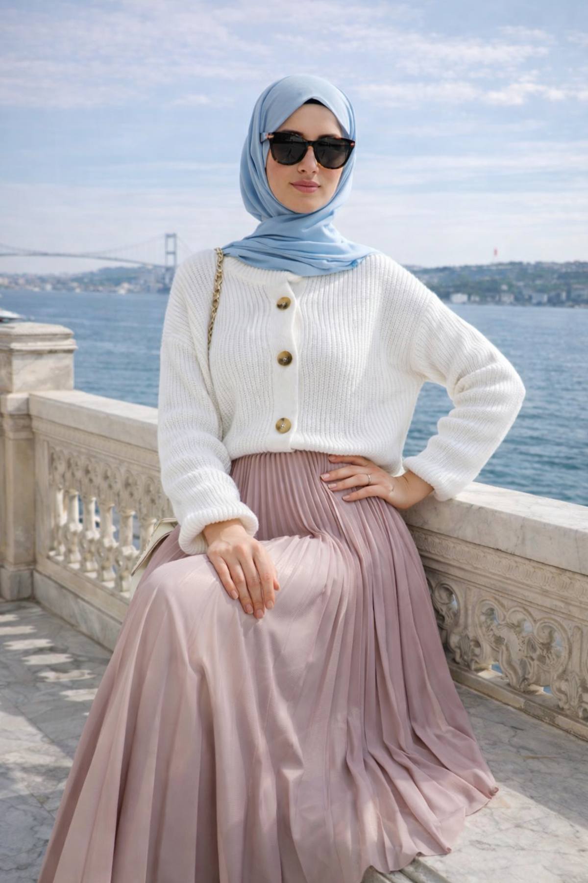 Kadın Premium Pileli Pembe Uzun Tesettür Etek