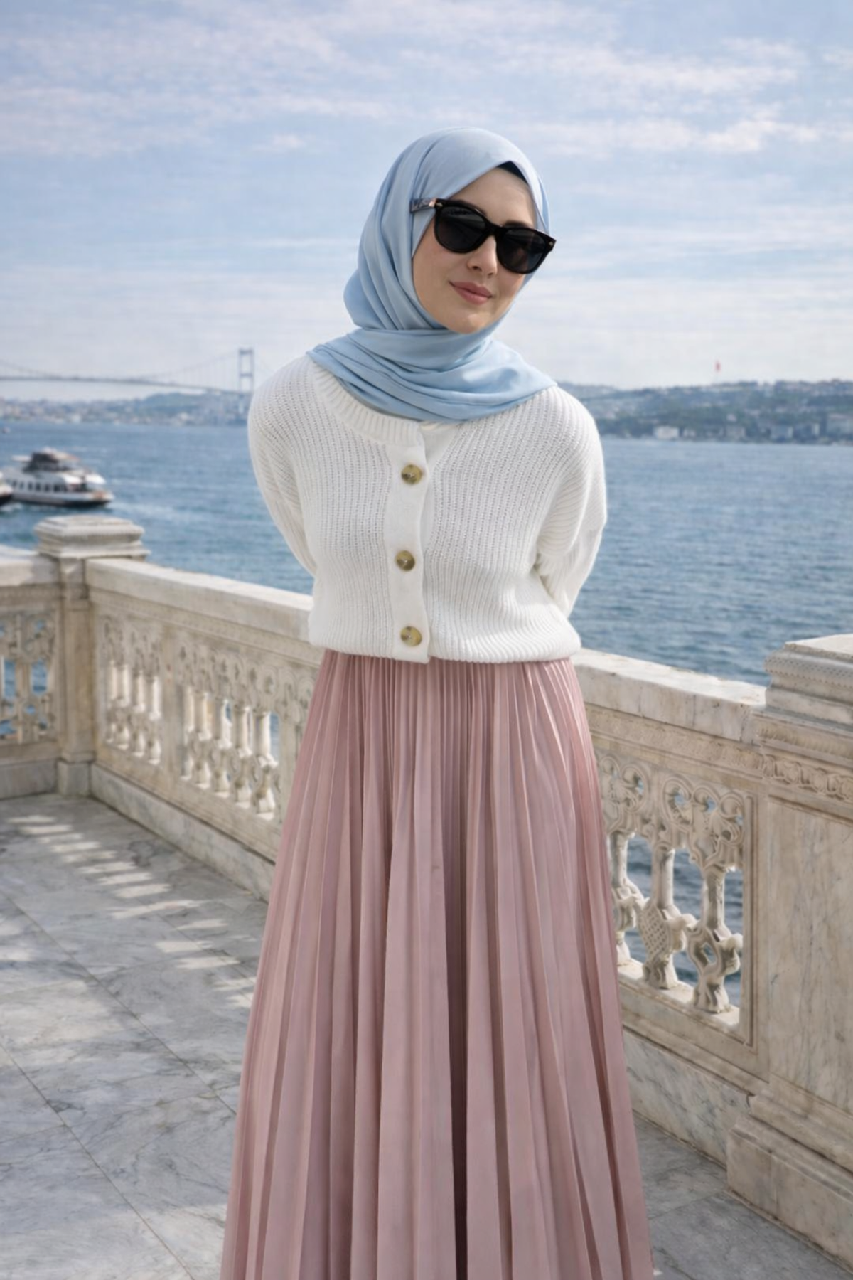 Kadın Premium Pileli Pembe Uzun Tesettür Etek