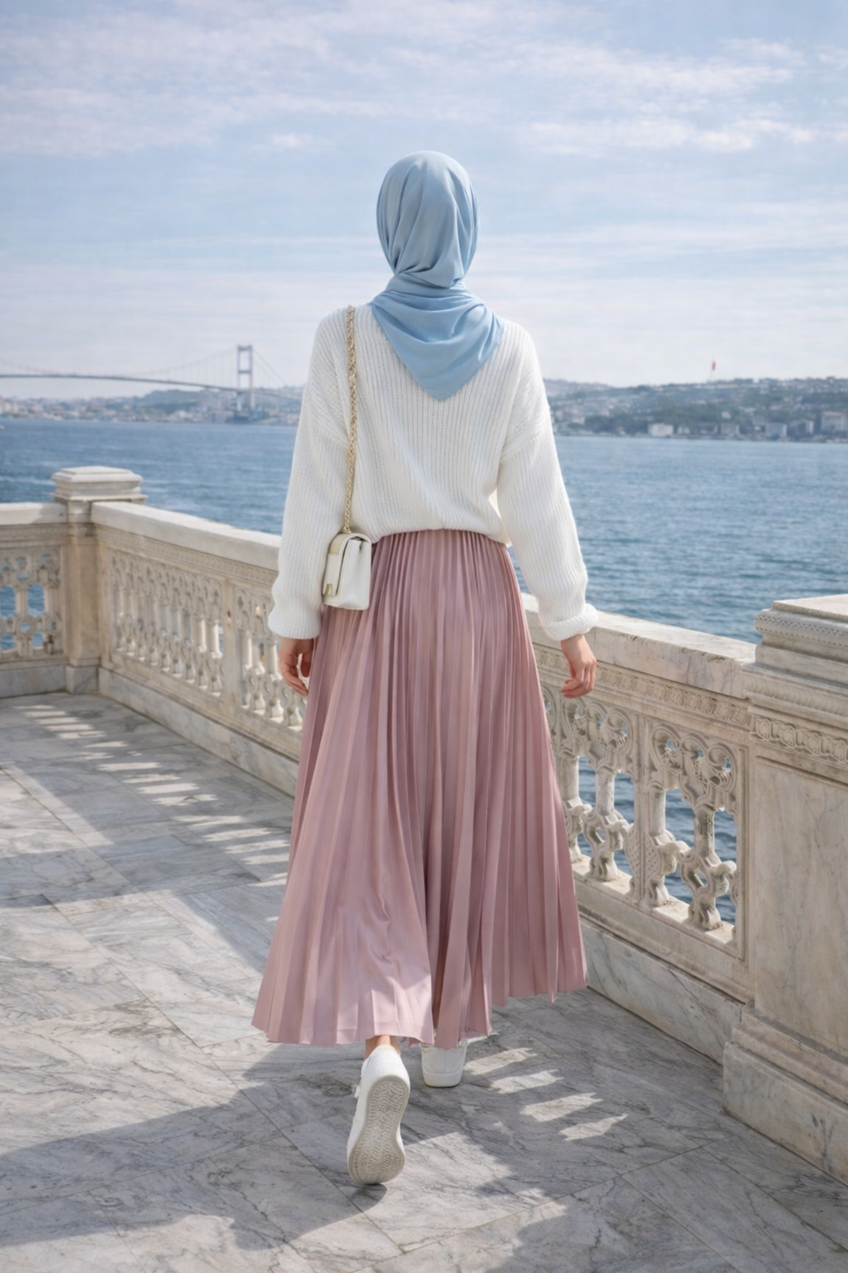 Kadın Premium Pileli Pembe Uzun Tesettür Etek