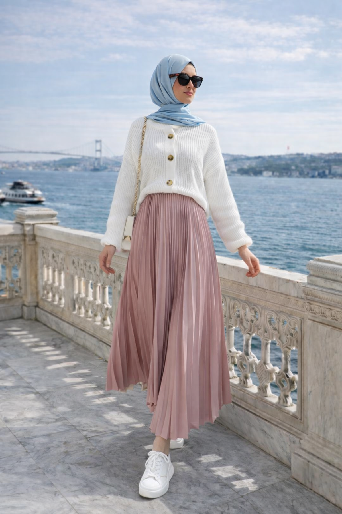 Kadın Premium Pileli Pembe Uzun Tesettür Etek