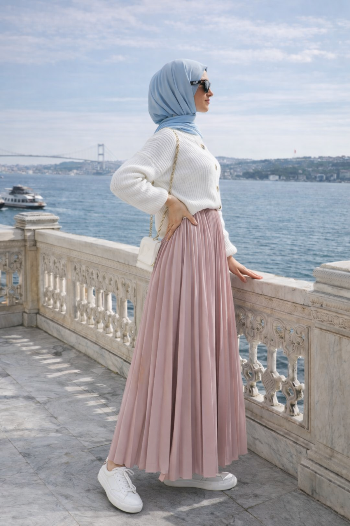 Kadın Premium Pileli Pembe Uzun Tesettür Etek