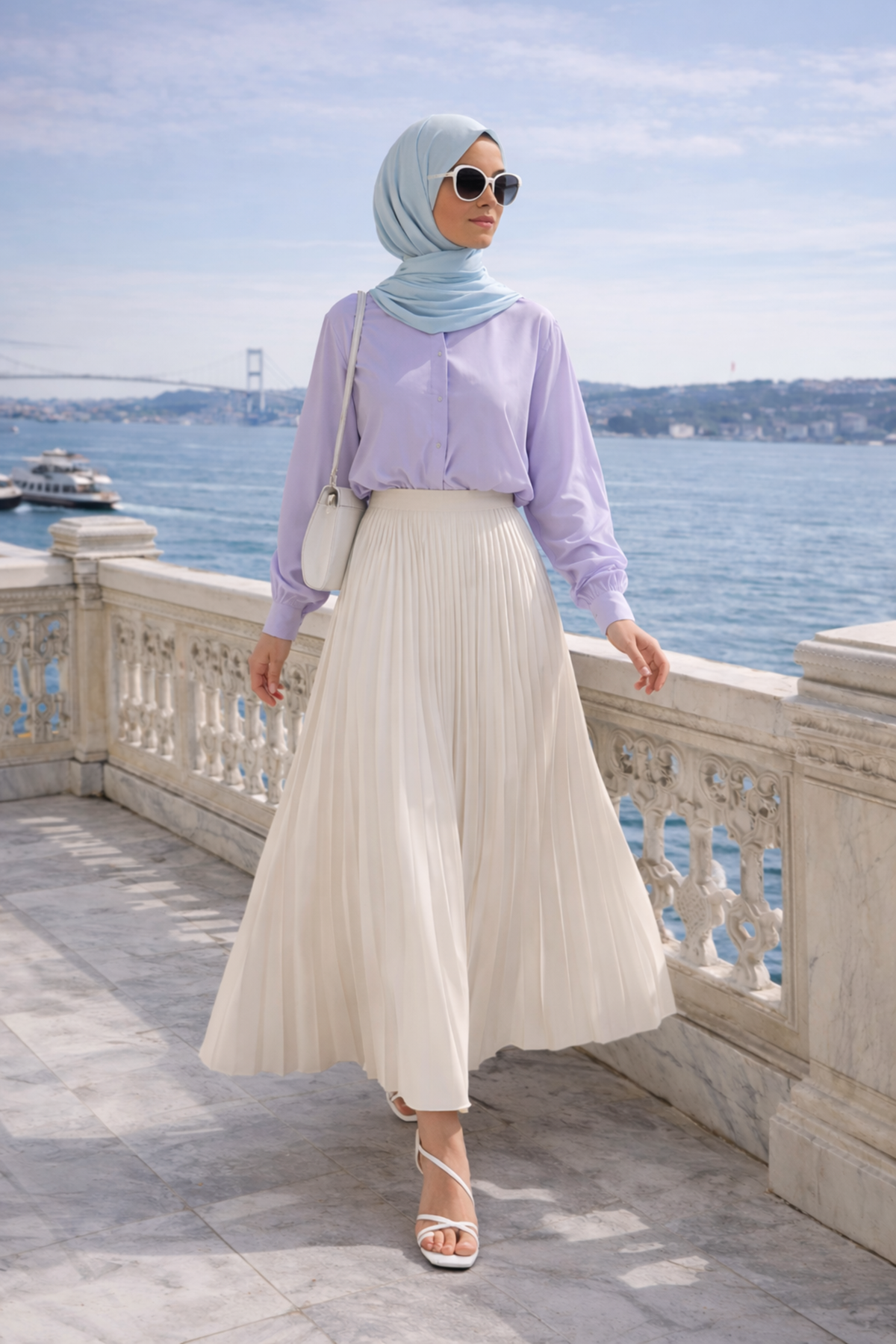 Kadın Premium Pileli Bej Uzun Tesettür Etek