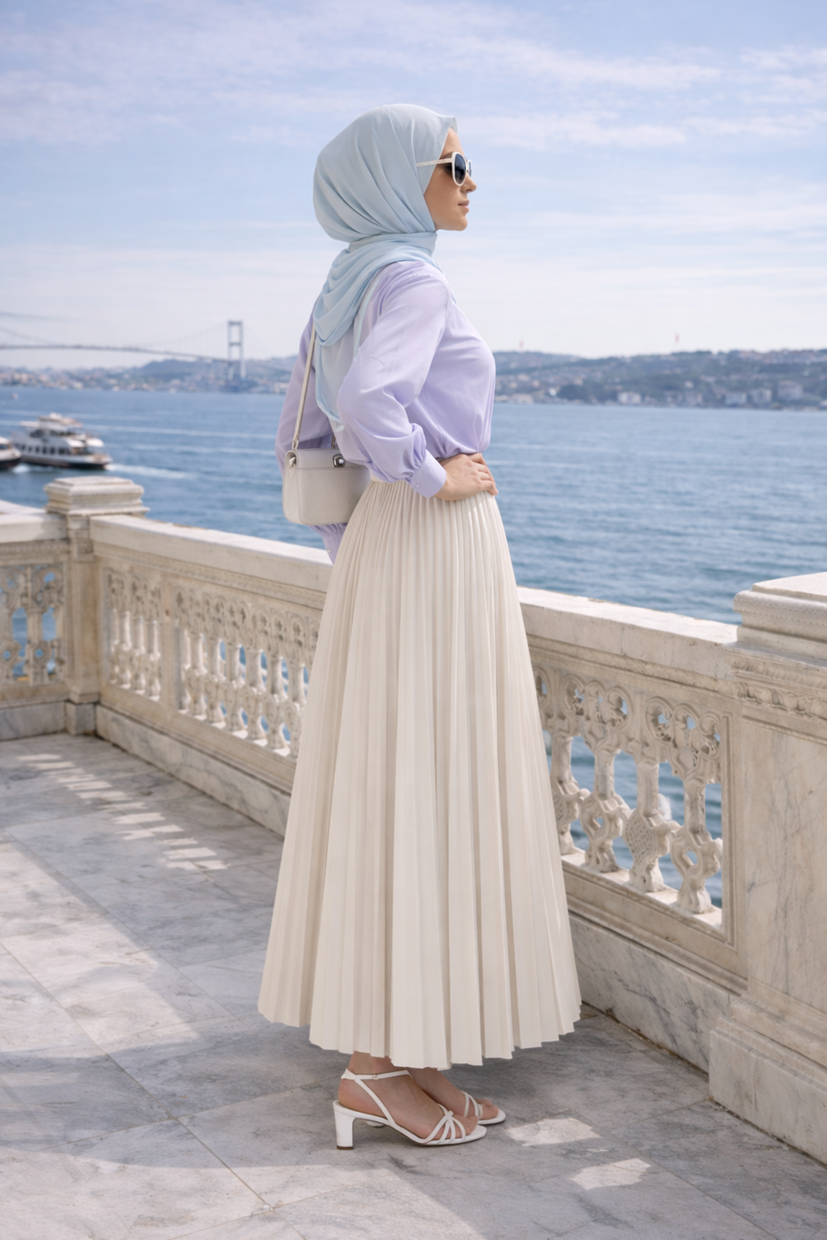 Kadın Premium Pileli Bej Uzun Tesettür Etek