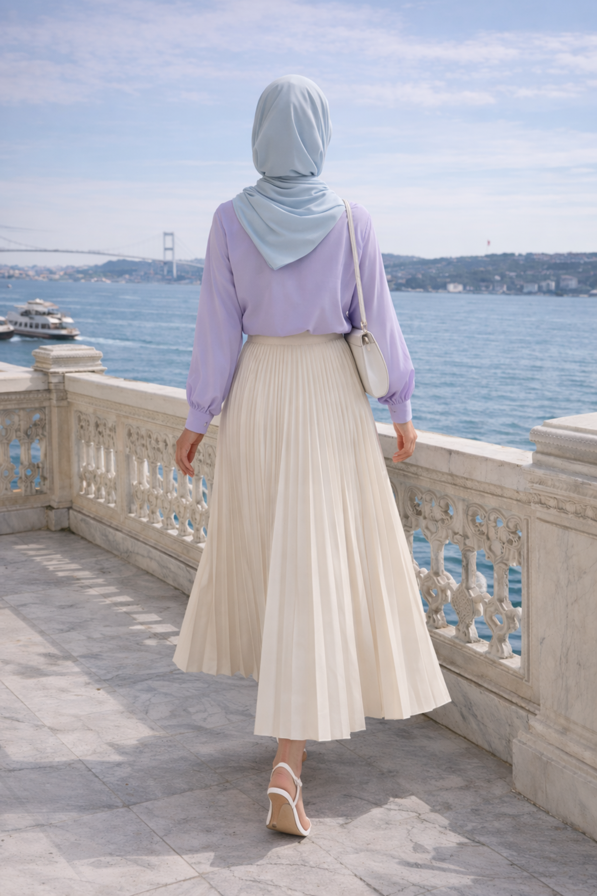 Kadın Premium Pileli Bej Uzun Tesettür Etek