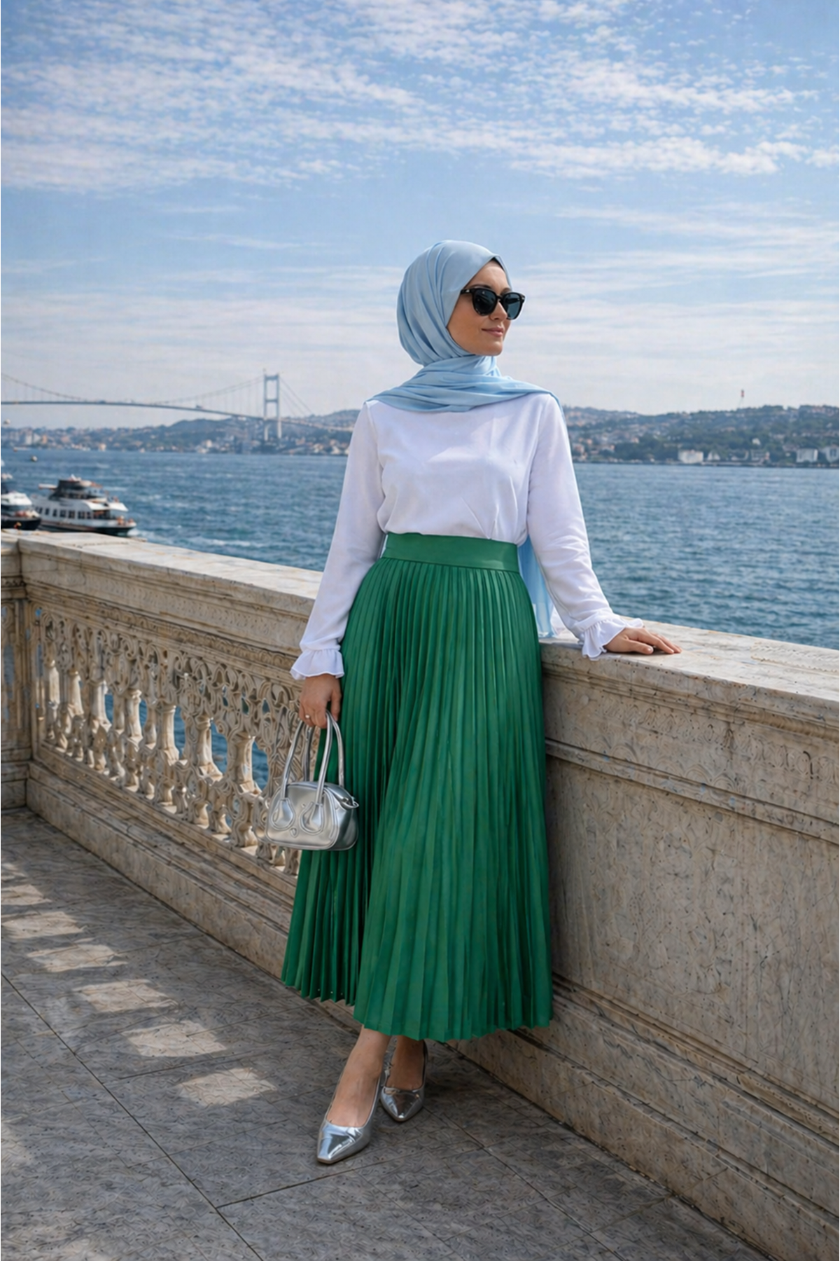Kadın Premium Pileli Zümrüt Uzun Tesettür Etek