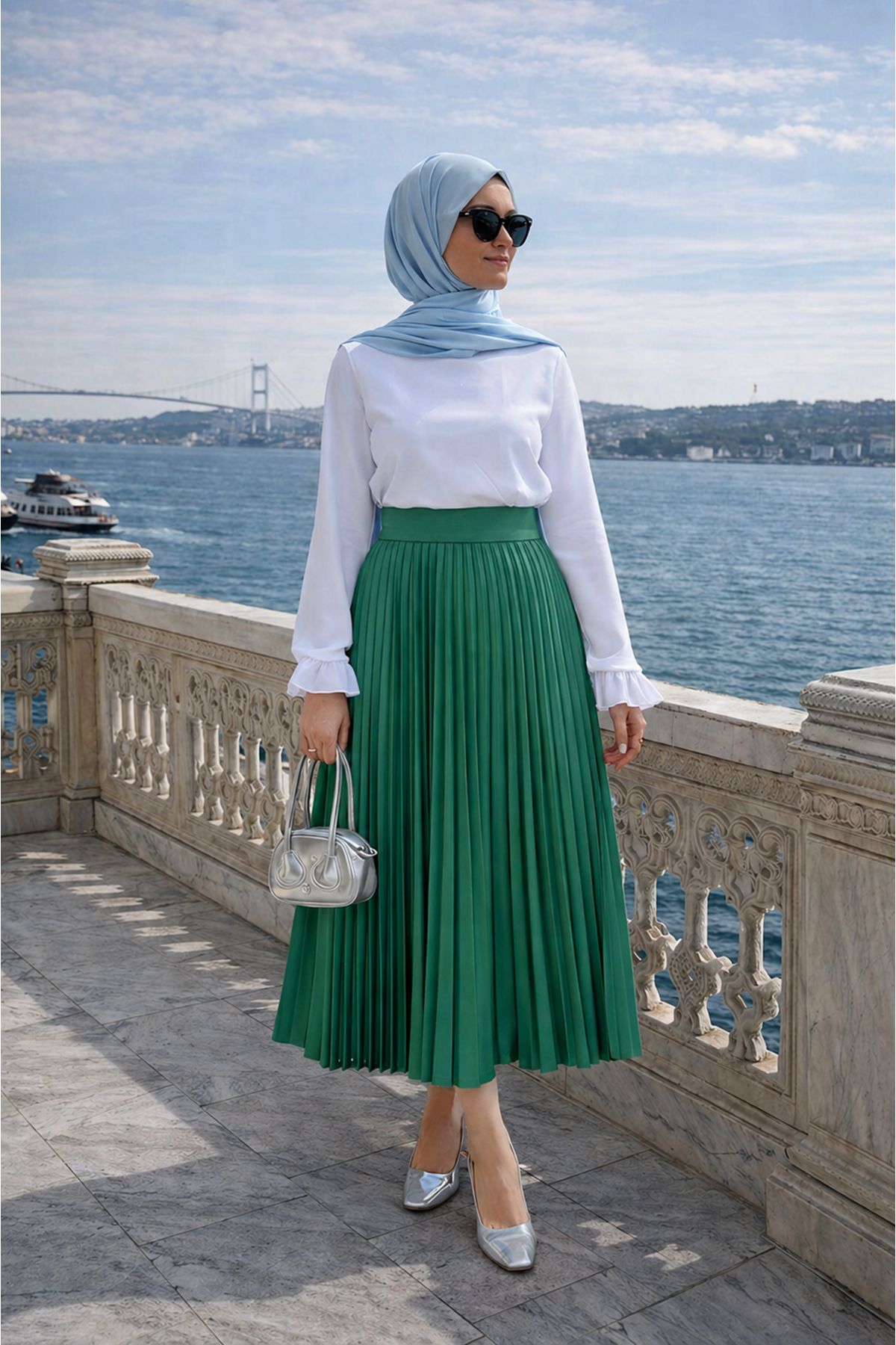 Kadın Premium Pileli Zümrüt Uzun Tesettür Etek