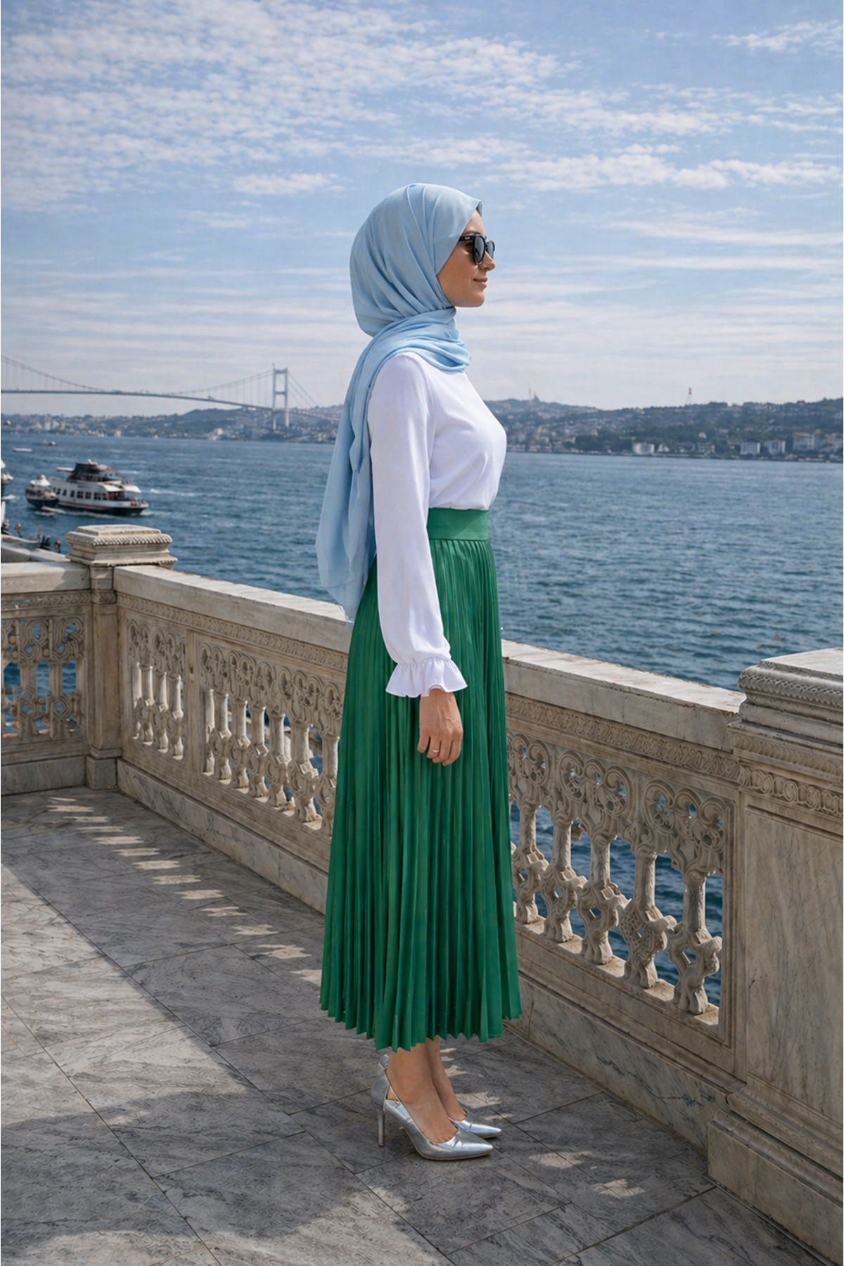 Kadın Premium Pileli Zümrüt Uzun Tesettür Etek