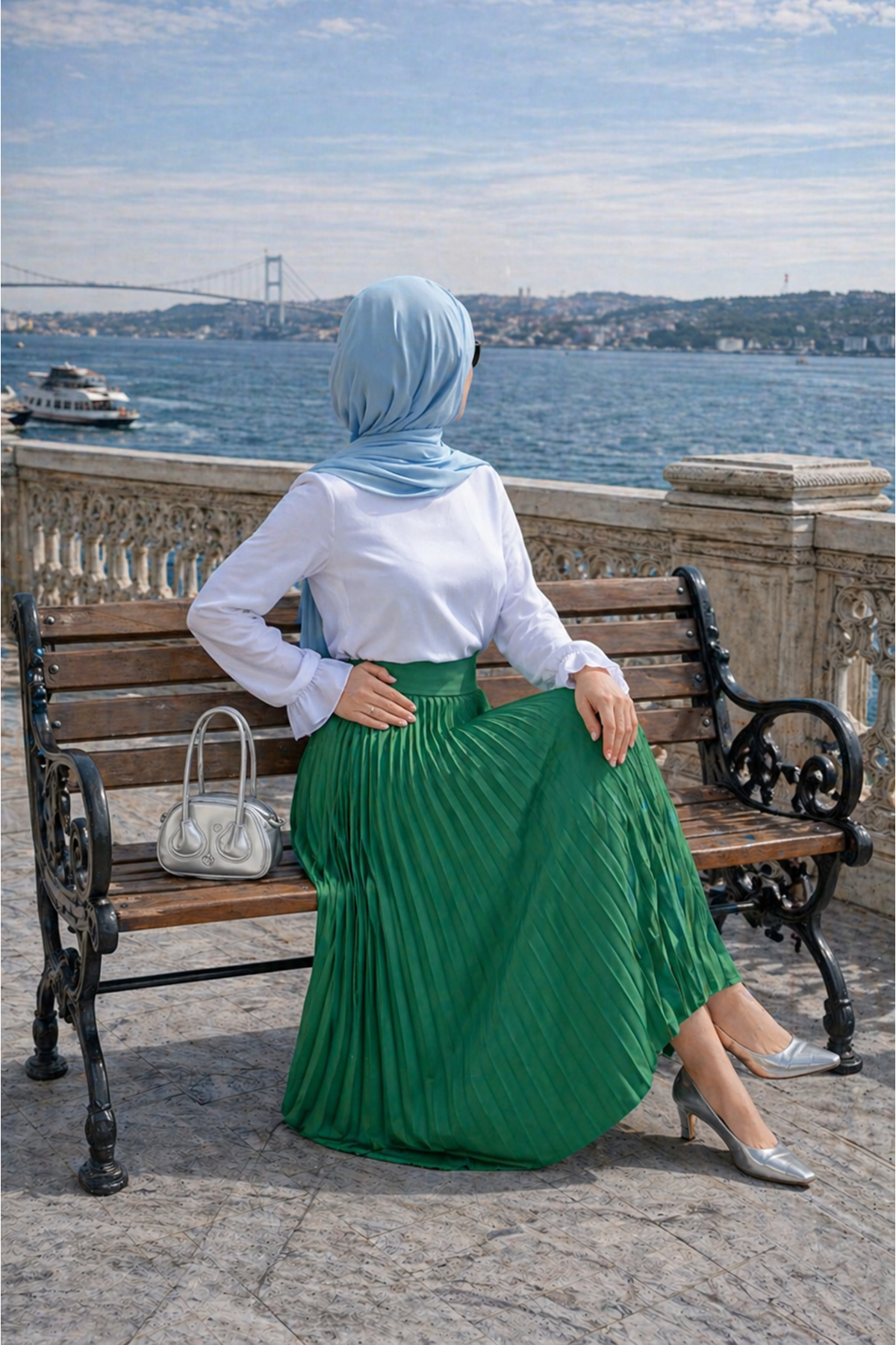 Kadın Premium Pileli Zümrüt Uzun Tesettür Etek