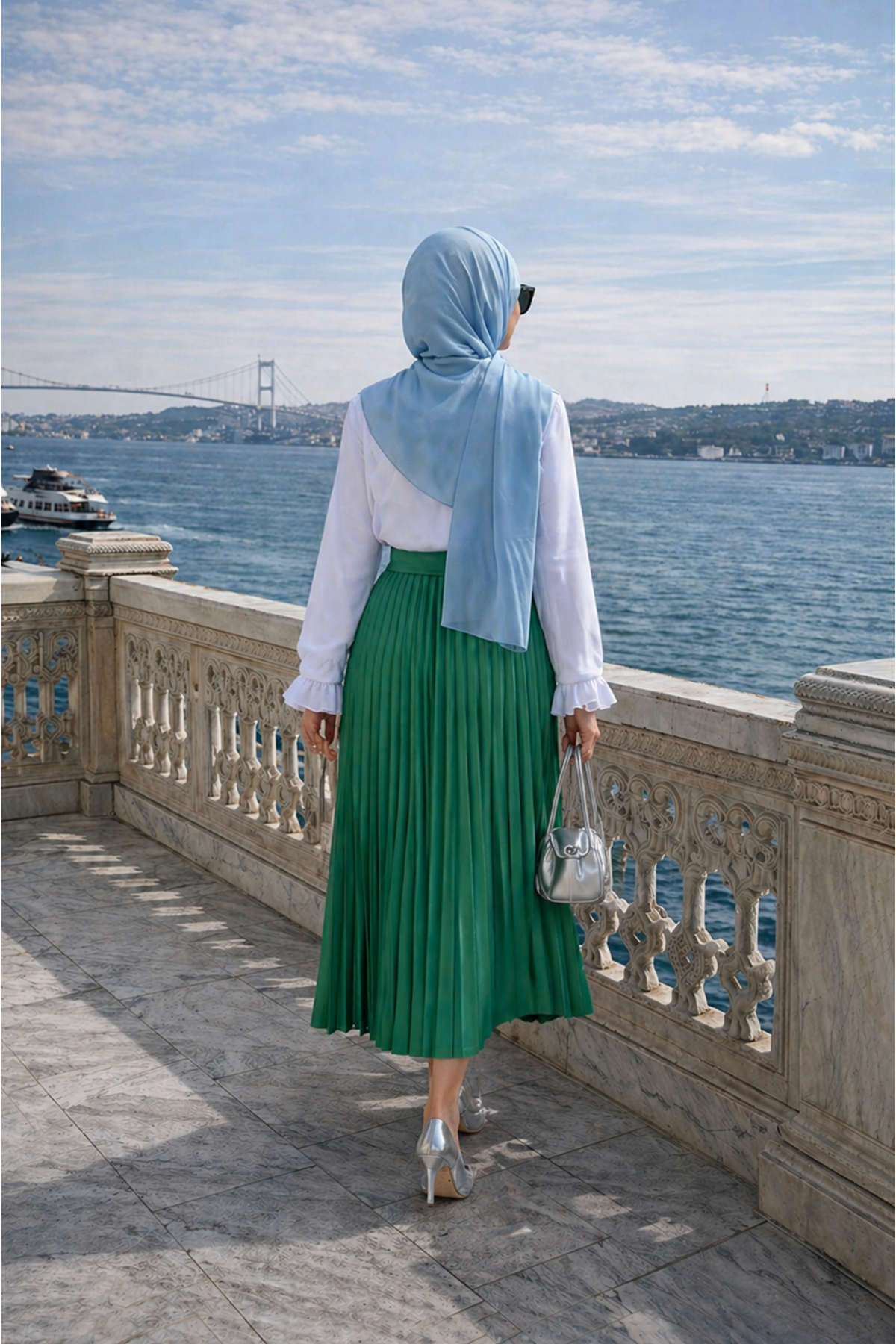 Kadın Premium Pileli Zümrüt Uzun Tesettür Etek
