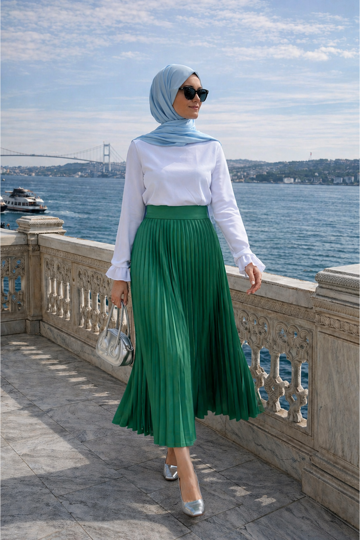 Kadın Premium Pileli Zümrüt Uzun Tesettür Etek
