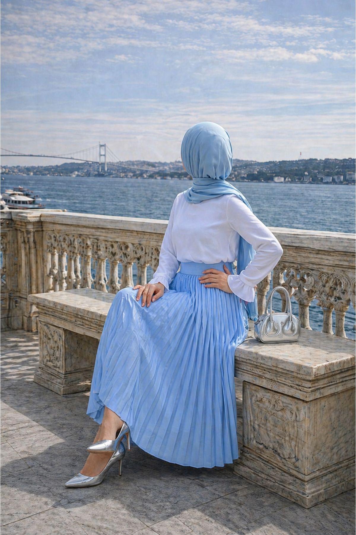 Kadın Premium Pileli B.Mavi Uzun Tesettür Etek