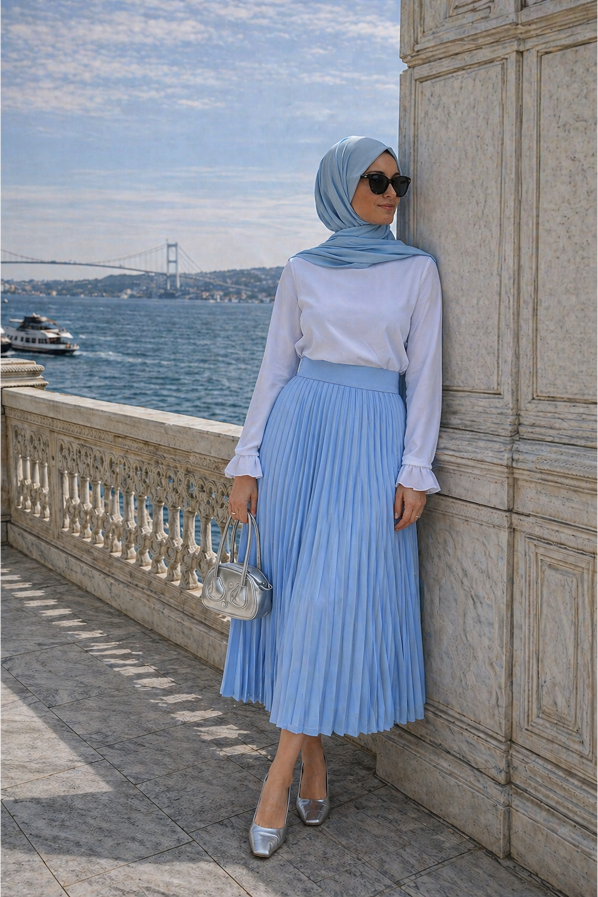Kadın Premium Pileli B.Mavi Uzun Tesettür Etek
