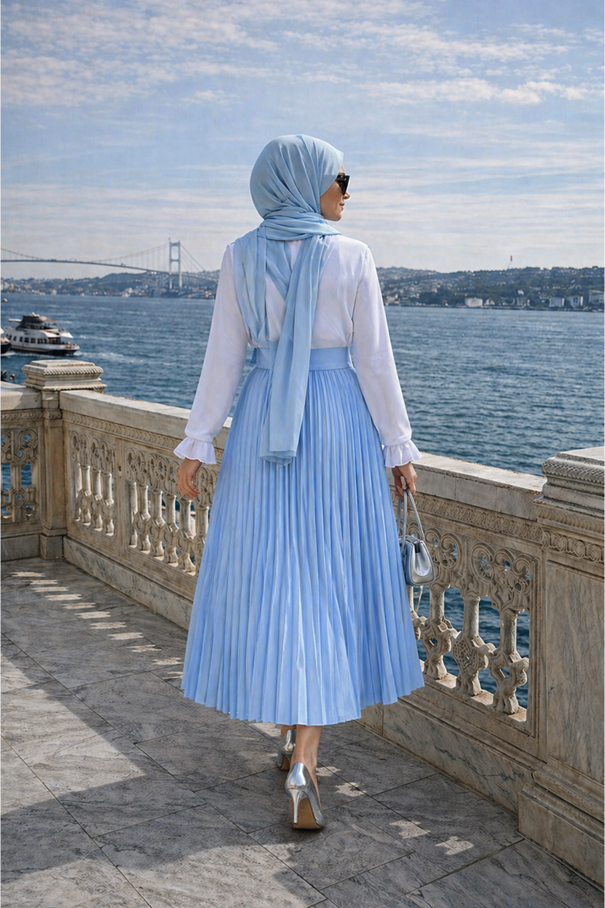 Kadın Premium Pileli B.Mavi Uzun Tesettür Etek