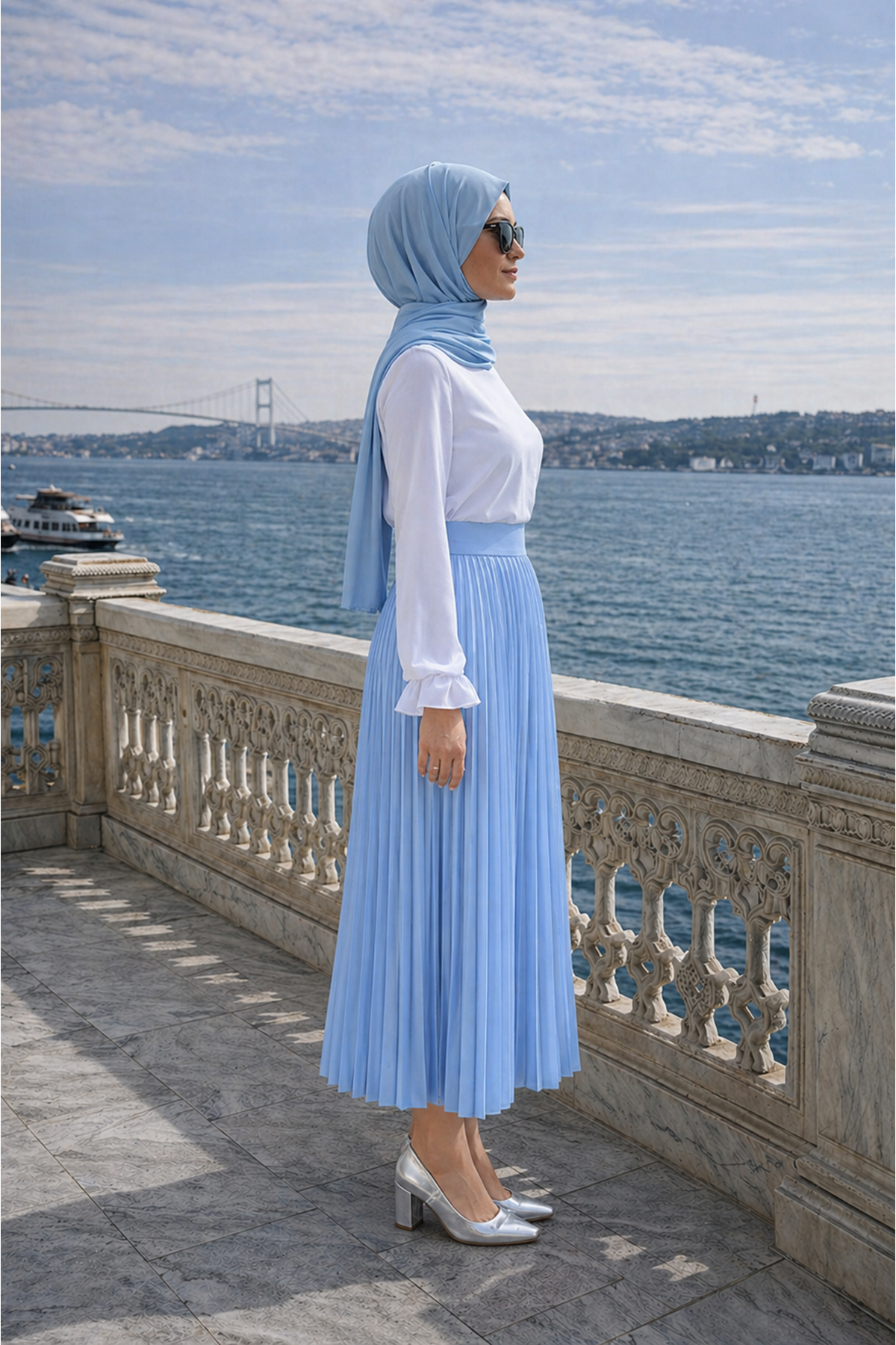 Kadın Premium Pileli B.Mavi Uzun Tesettür Etek