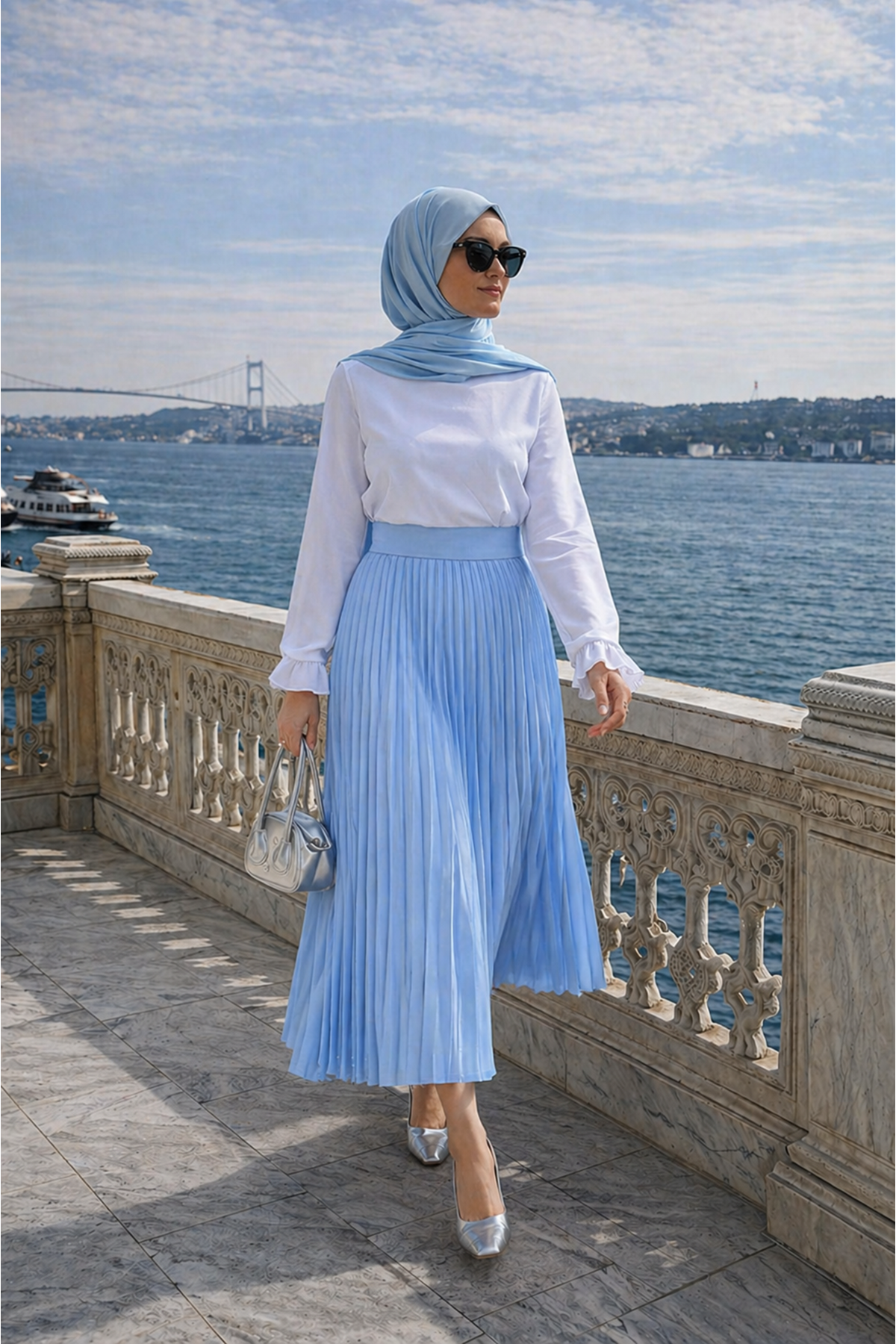 Kadın Premium Pileli B.Mavi Uzun Tesettür Etek