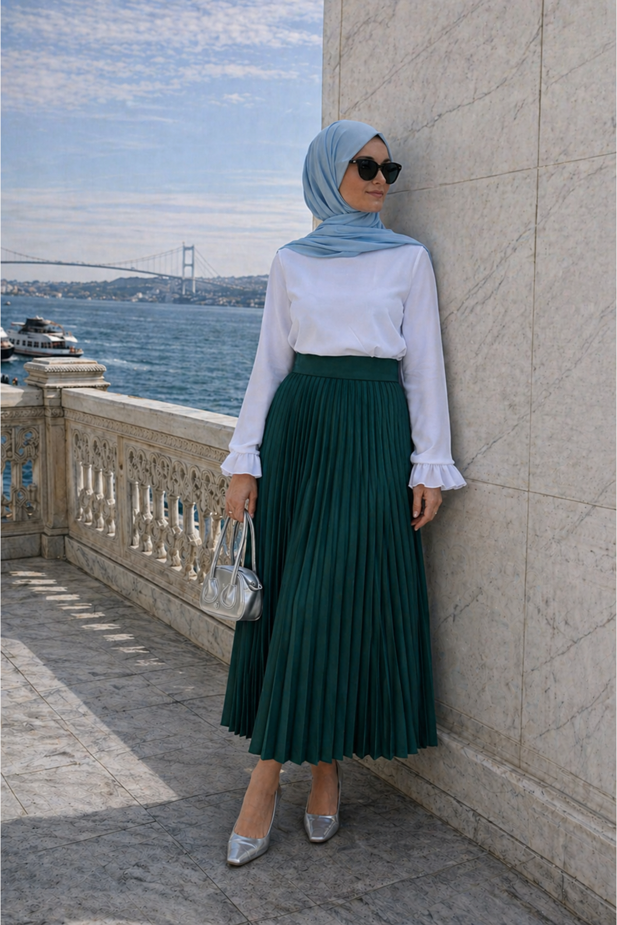 Kadın Premium Pileli Zümrüt Uzun Tesettür Etek