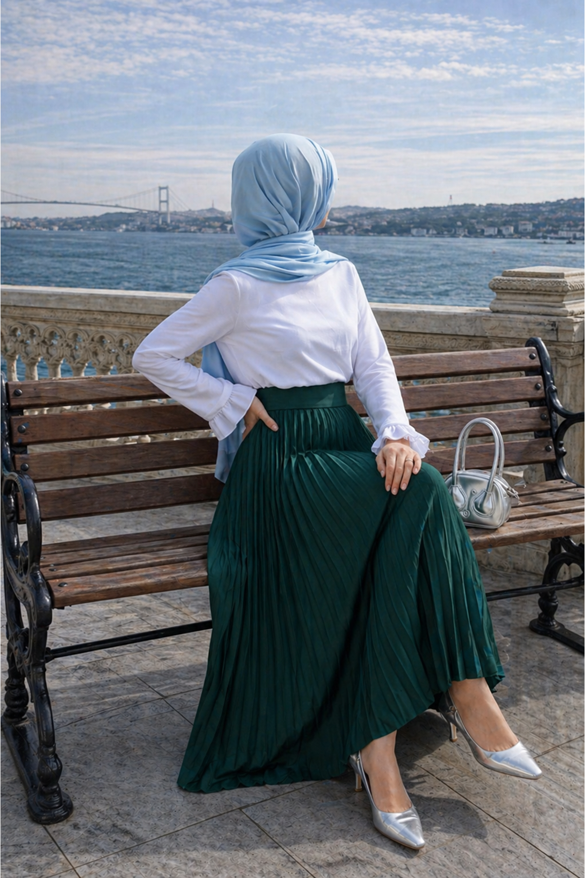 Kadın Premium Pileli Zümrüt Uzun Tesettür Etek