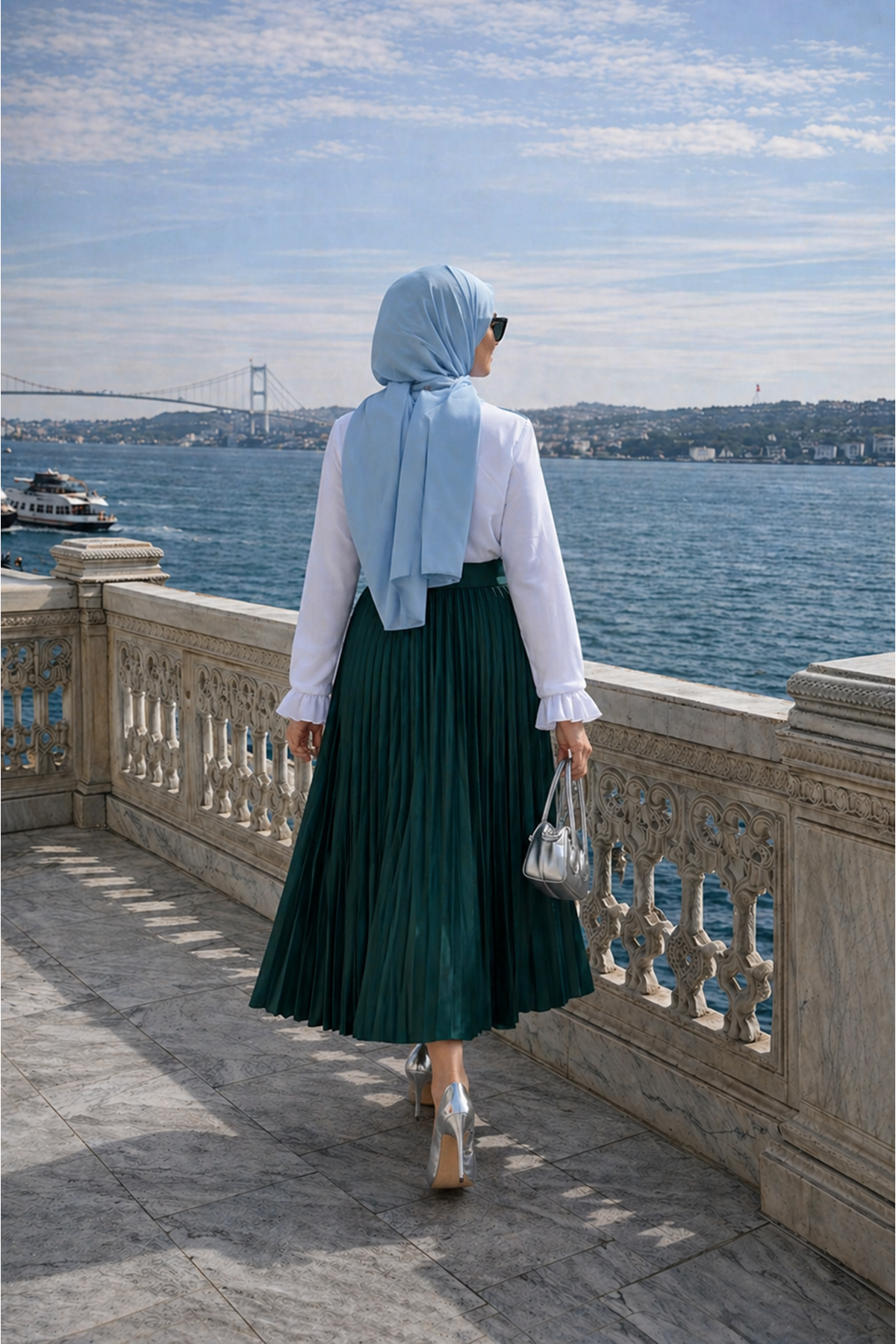 Kadın Premium Pileli Zümrüt Uzun Tesettür Etek