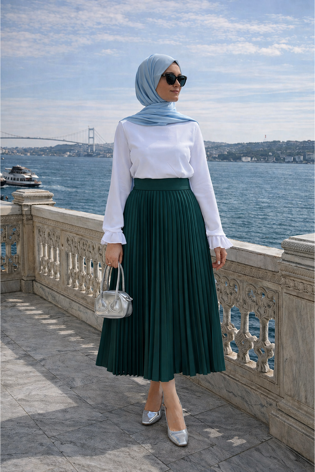 Kadın Premium Pileli Zümrüt Uzun Tesettür Etek