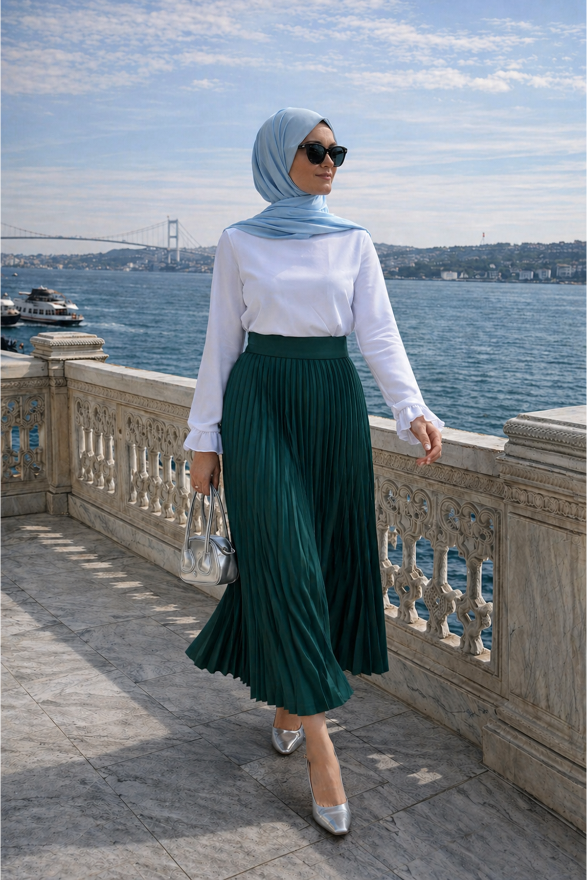 Kadın Premium Pileli Zümrüt Uzun Tesettür Etek